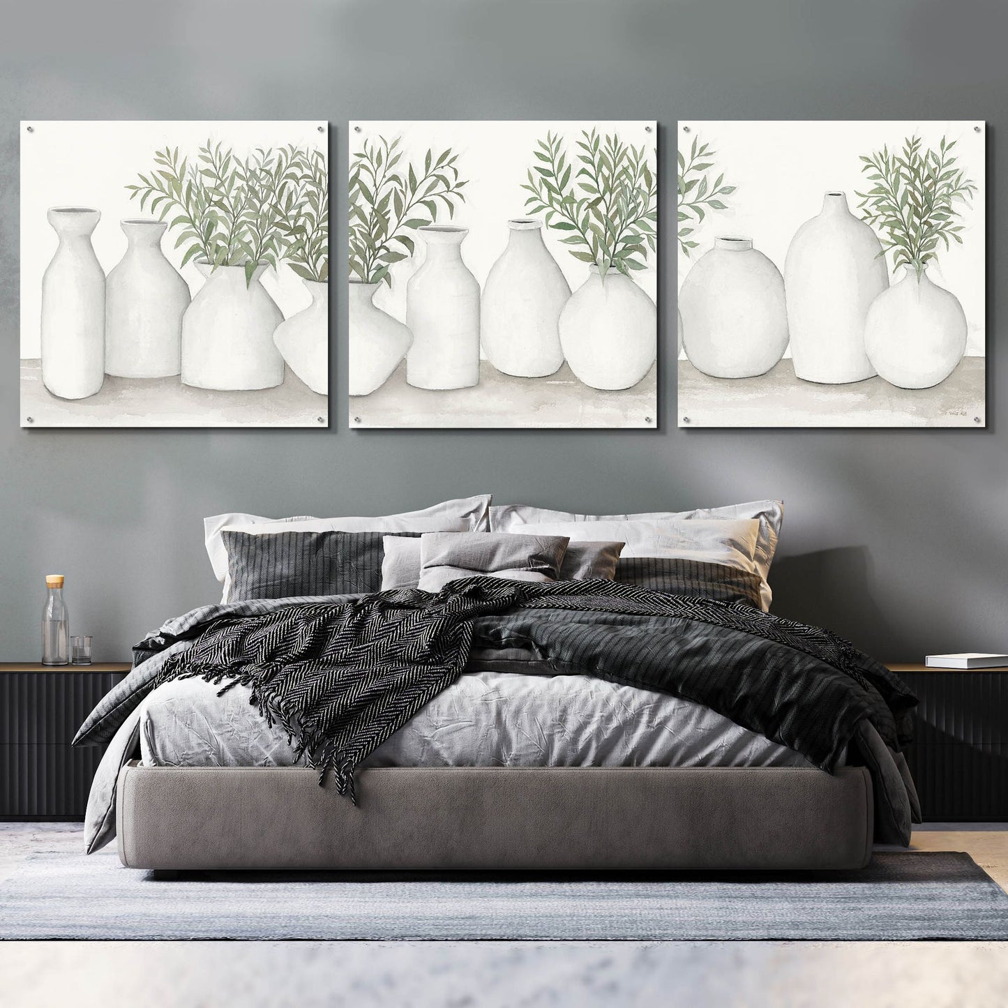 Epic Art 'White Vases Still Life' by Cindy Jacobs, Acrylic Glass Wall Art, 3 Piece Set,108x36