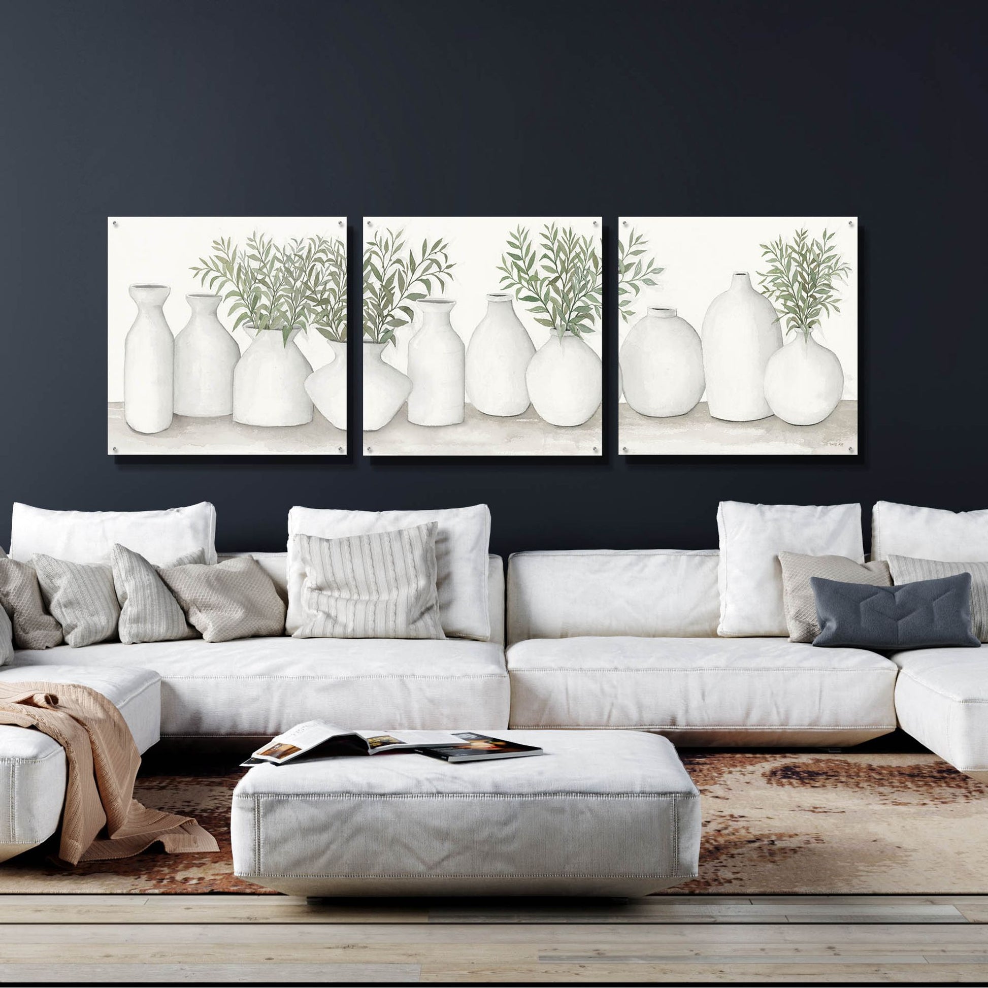 Epic Art 'White Vases Still Life' by Cindy Jacobs, Acrylic Glass Wall Art, 3 Piece Set,108x36