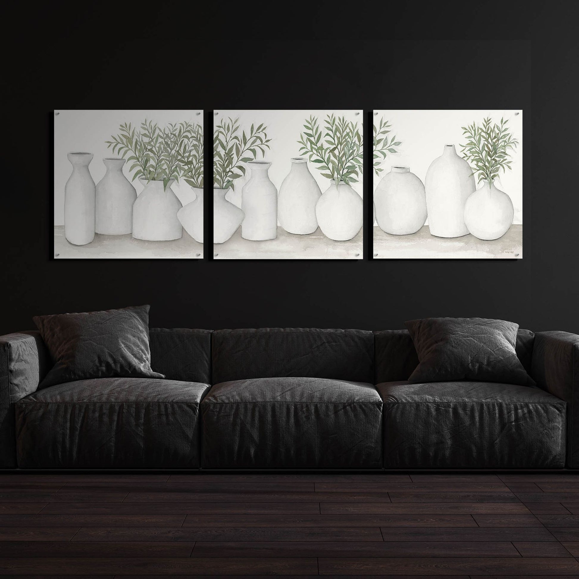 Epic Art 'White Vases Still Life' by Cindy Jacobs, Acrylic Glass Wall Art, 3 Piece Set,108x36