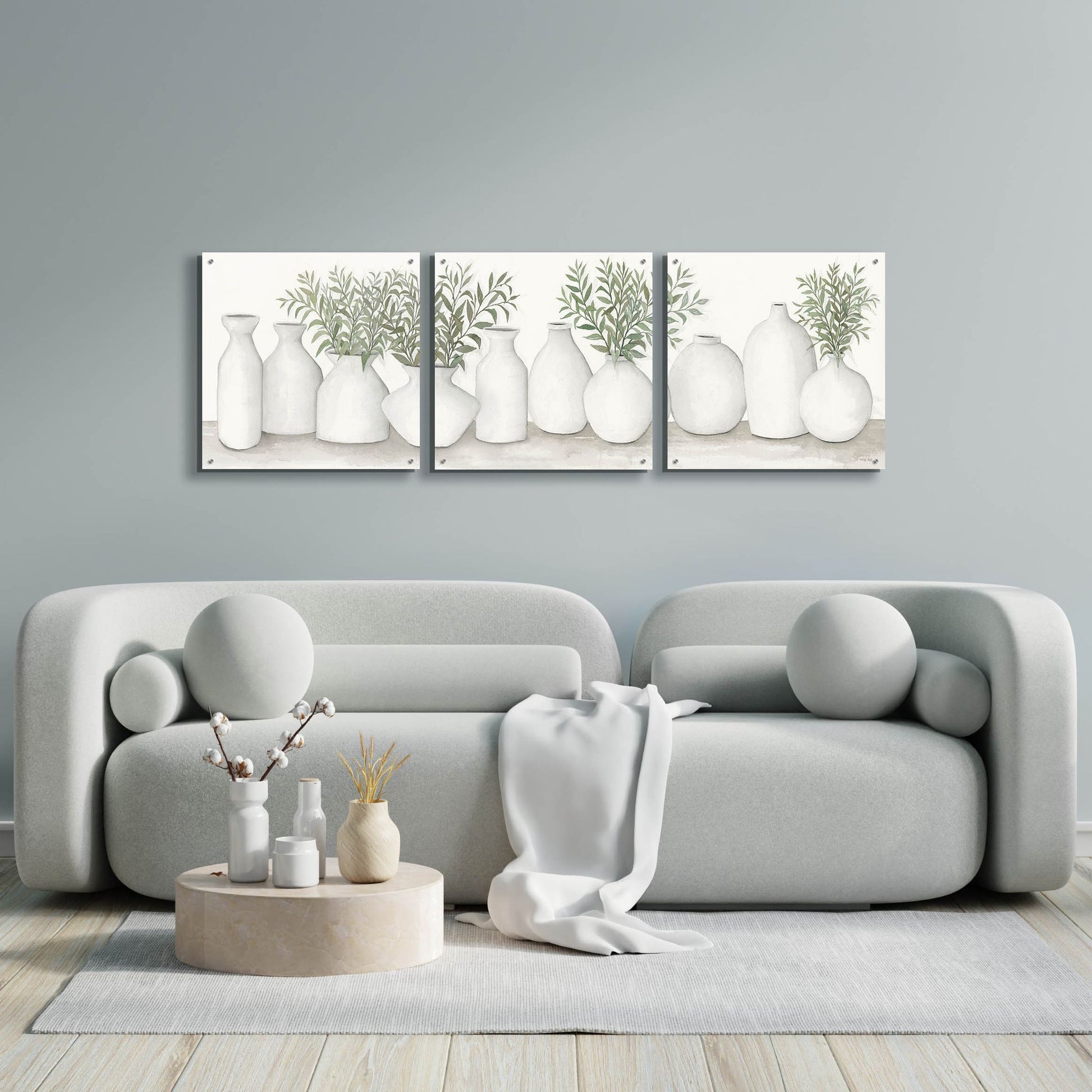 Epic Art 'White Vases Still Life' by Cindy Jacobs, Acrylic Glass Wall Art, 3 Piece Set,72x24