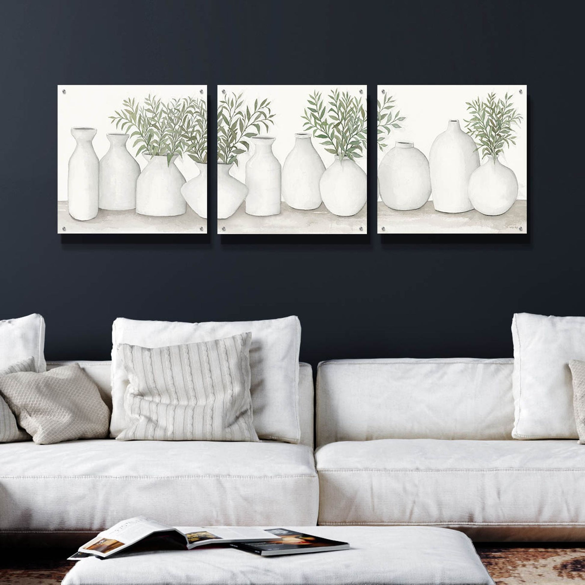 Epic Art 'White Vases Still Life' by Cindy Jacobs, Acrylic Glass Wall Art, 3 Piece Set,72x24