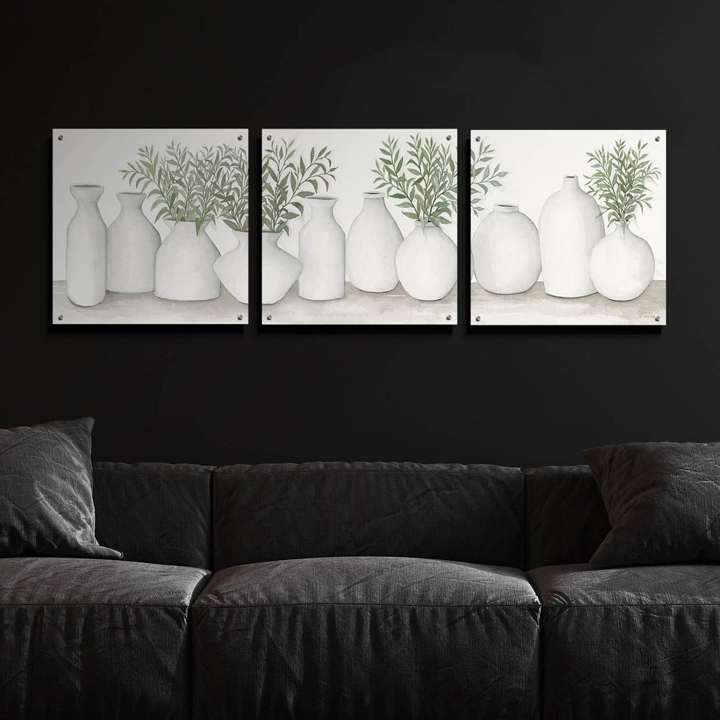 Epic Art 'White Vases Still Life' by Cindy Jacobs, Acrylic Glass Wall Art, 3 Piece Set,72x24