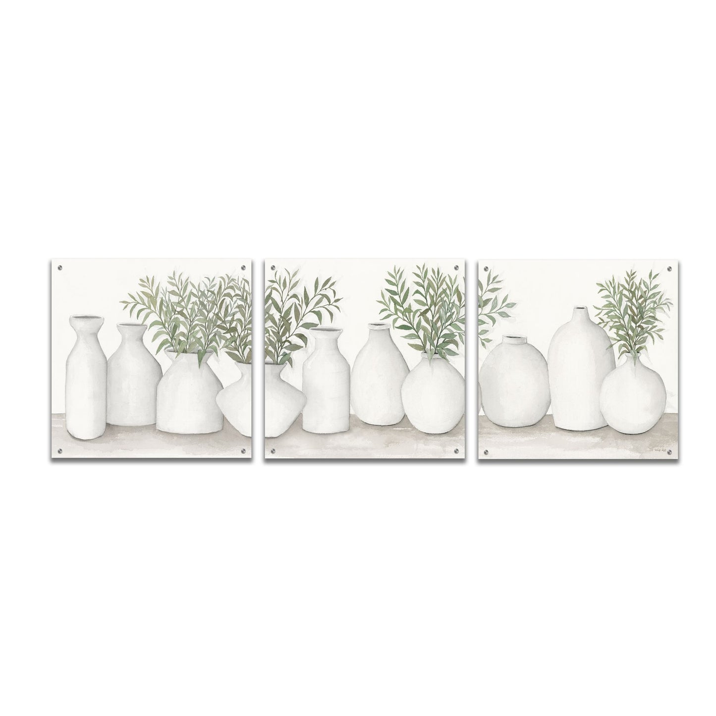 Epic Art 'White Vases Still Life' by Cindy Jacobs, Acrylic Glass Wall Art, 3 Piece Set