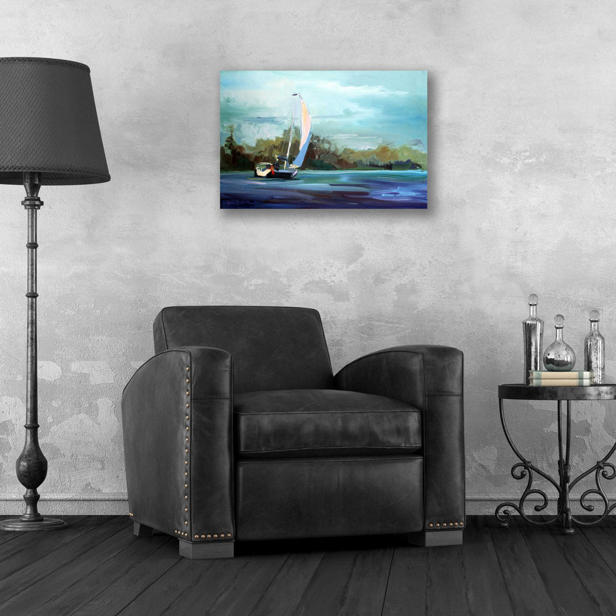 Sailboat by Carol Hallock - 24x16 acrylic wall art in a room