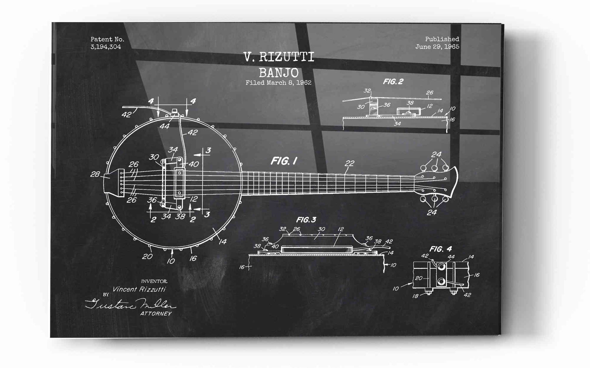 Epic Art 'Banjo Blueprint Patent Chalkboard' Acrylic Glass Wall Art,12x16