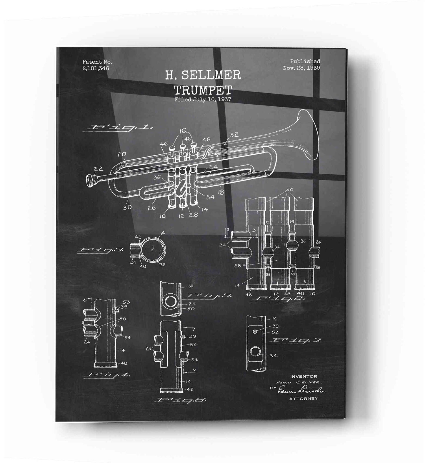 Epic Art 'Trumpet Blueprint Patent Chalkboard' Acrylic Glass Wall Art,12x16