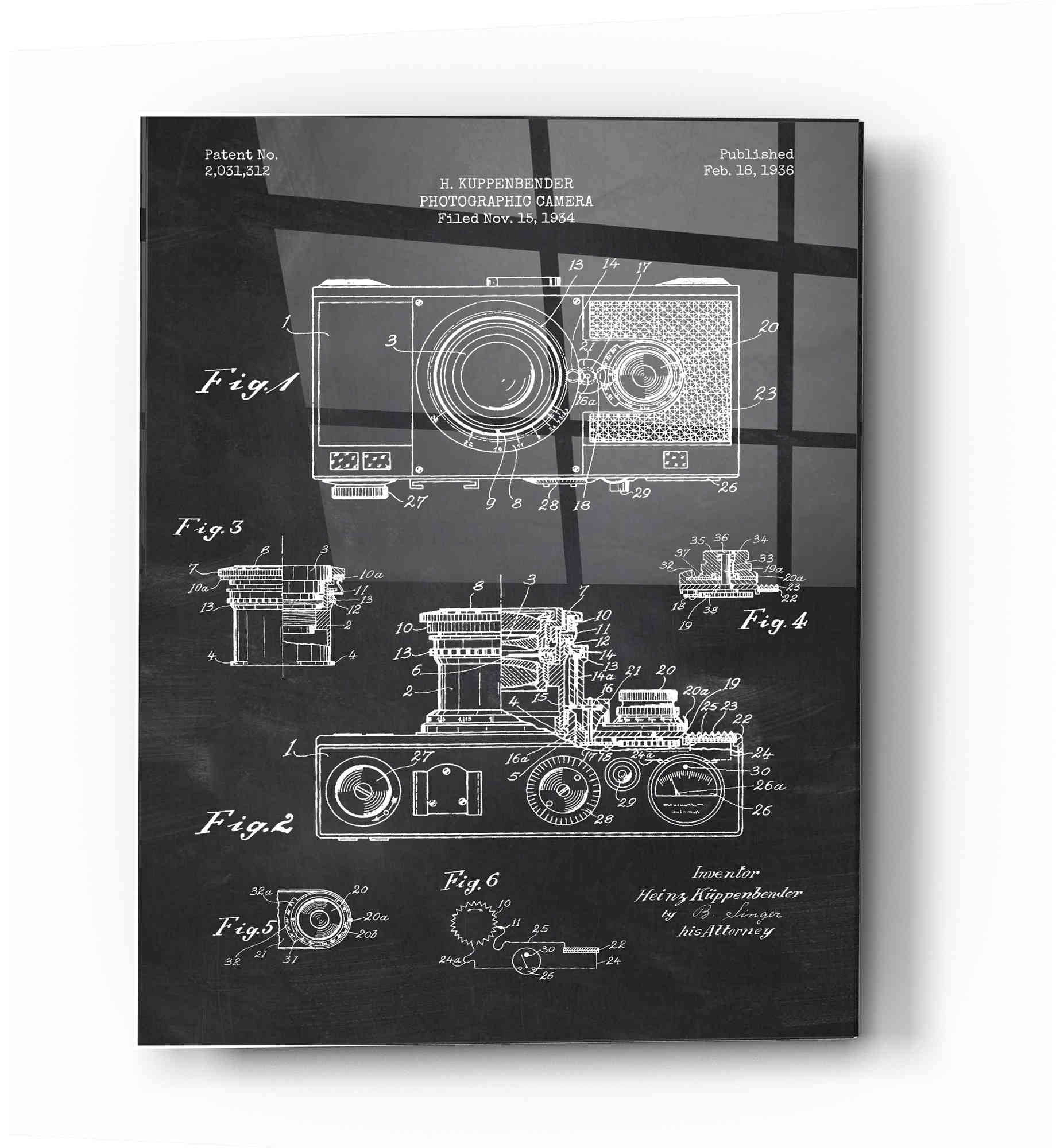 Epic Art 'Camera, 1936 Blueprint Patent Chalkboard' Acrylic Glass Wall Art,12x16