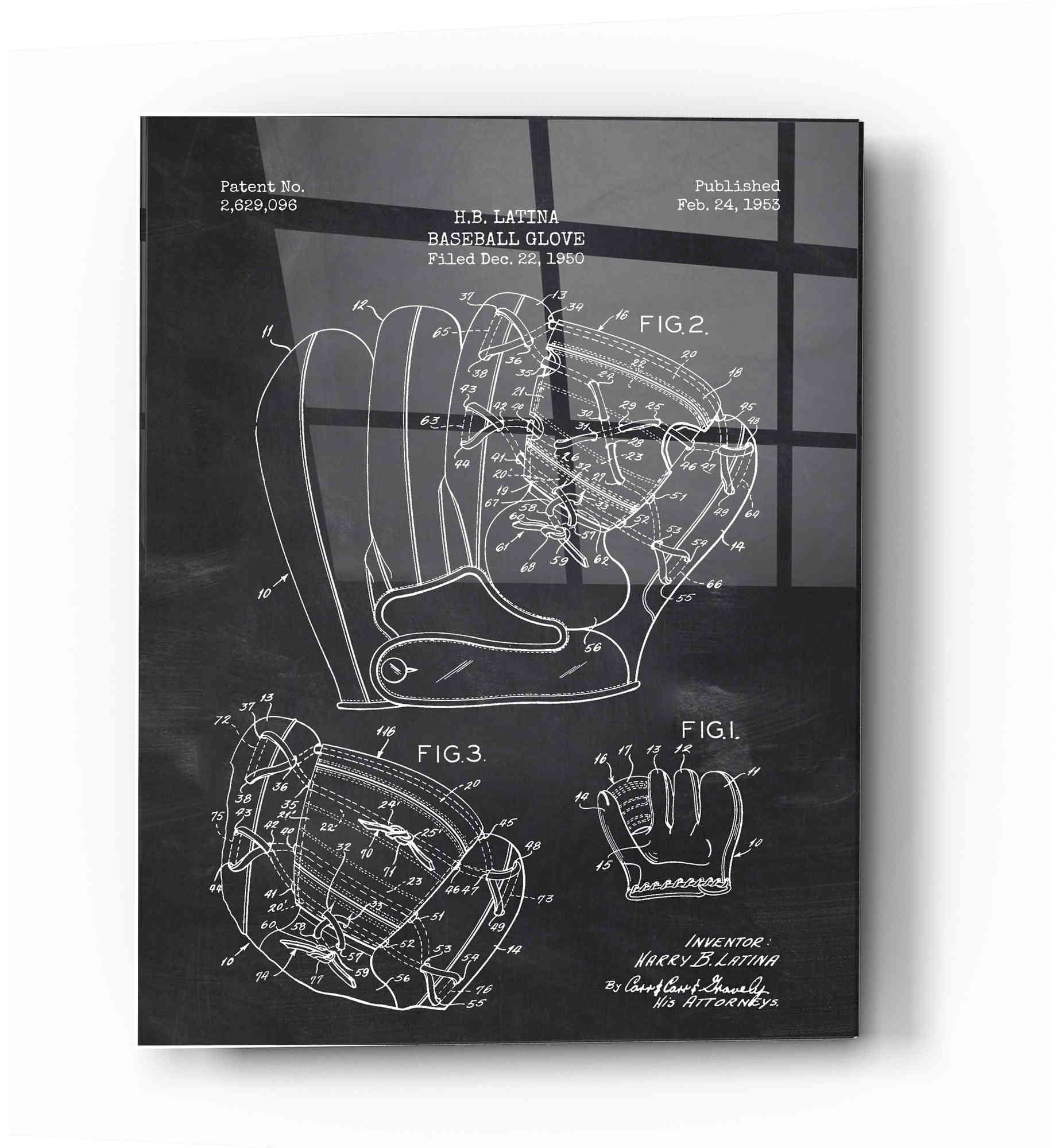 Epic Art 'Baseball Glove Blueprint Patent Chalkboard' Acrylic Glass Wall Art,12x16