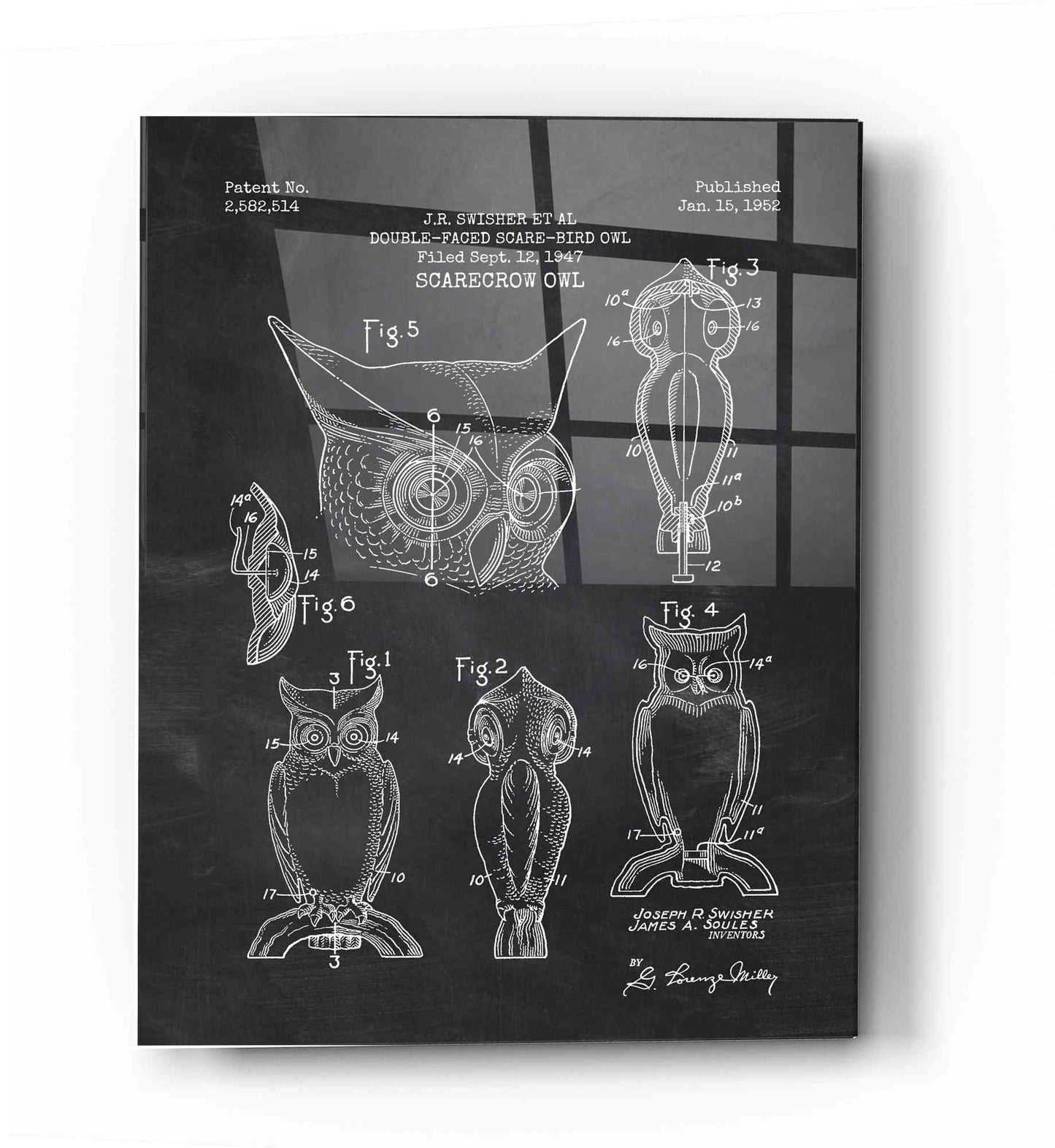 Epic Art 'Scarecrow Owl Blueprint Patent Chalkboard' Acrylic Glass Wall Art,12x16