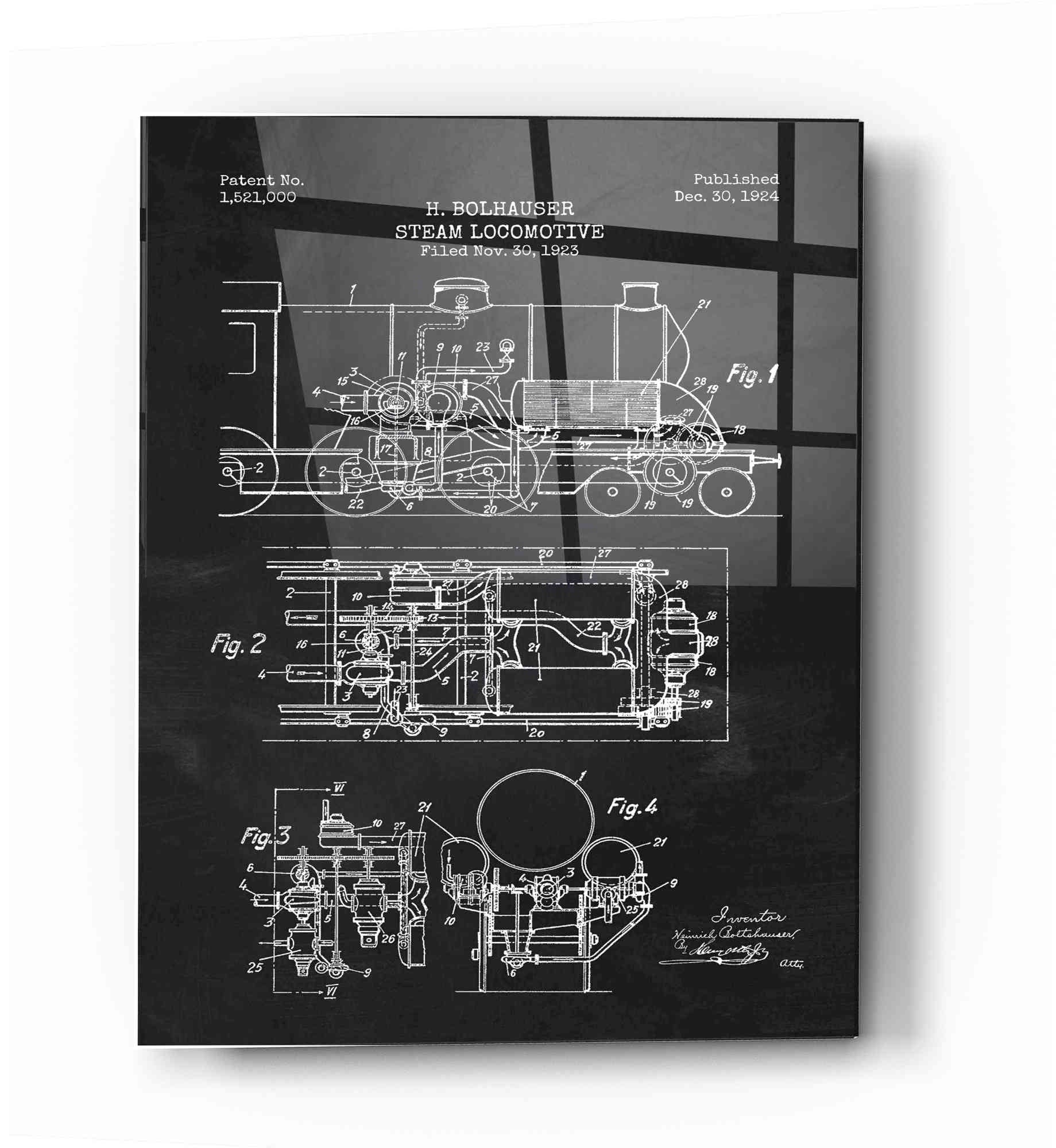 Epic Art 'Steam Locomotive Blueprint Chalkboard Patent' Acrylic Glass Wall Art,12x16