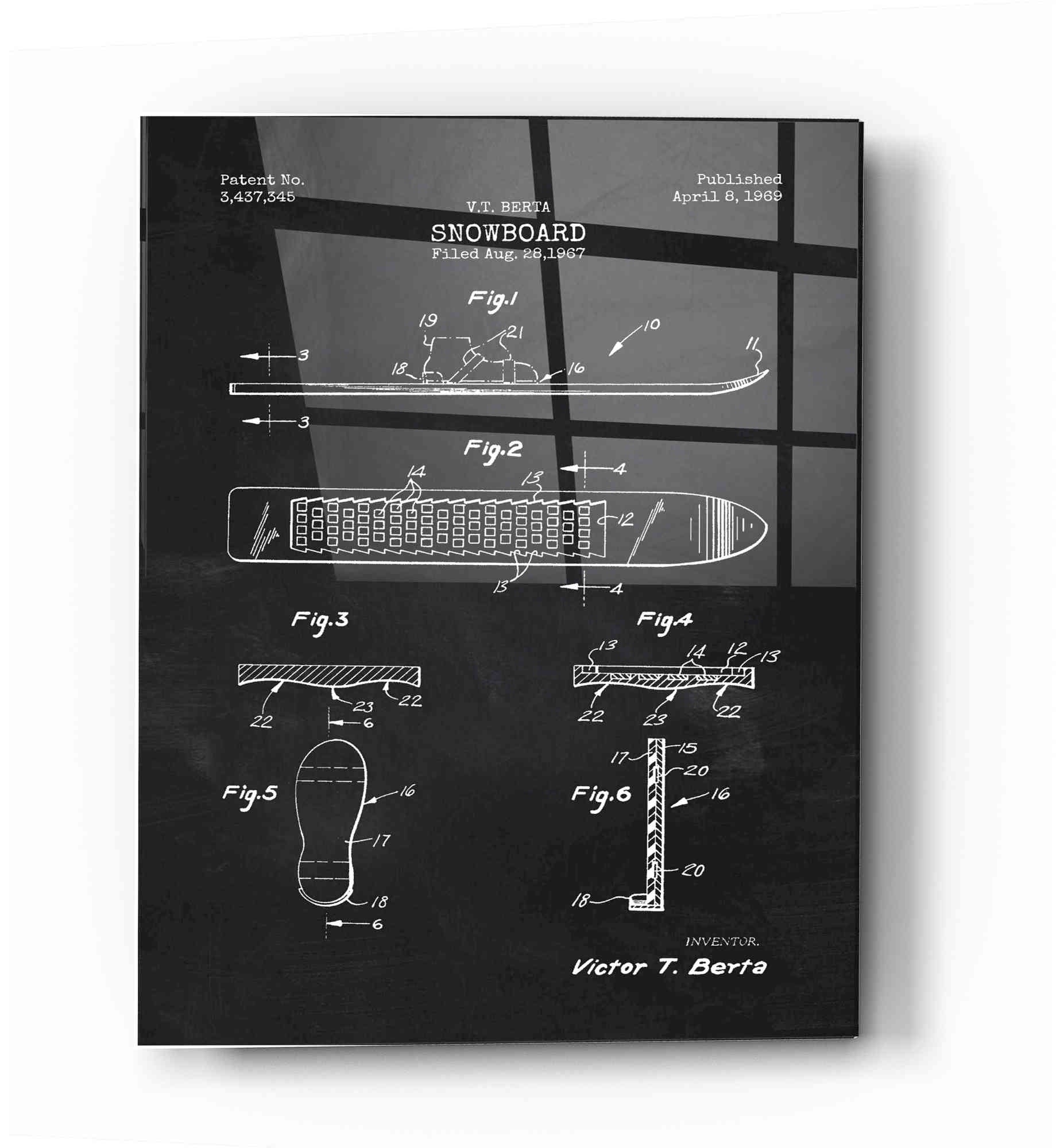 Epic Art 'Snowboard, 1969 Blueprint Chalkboard Patent' Acrylic Glass Wall Art,12x16