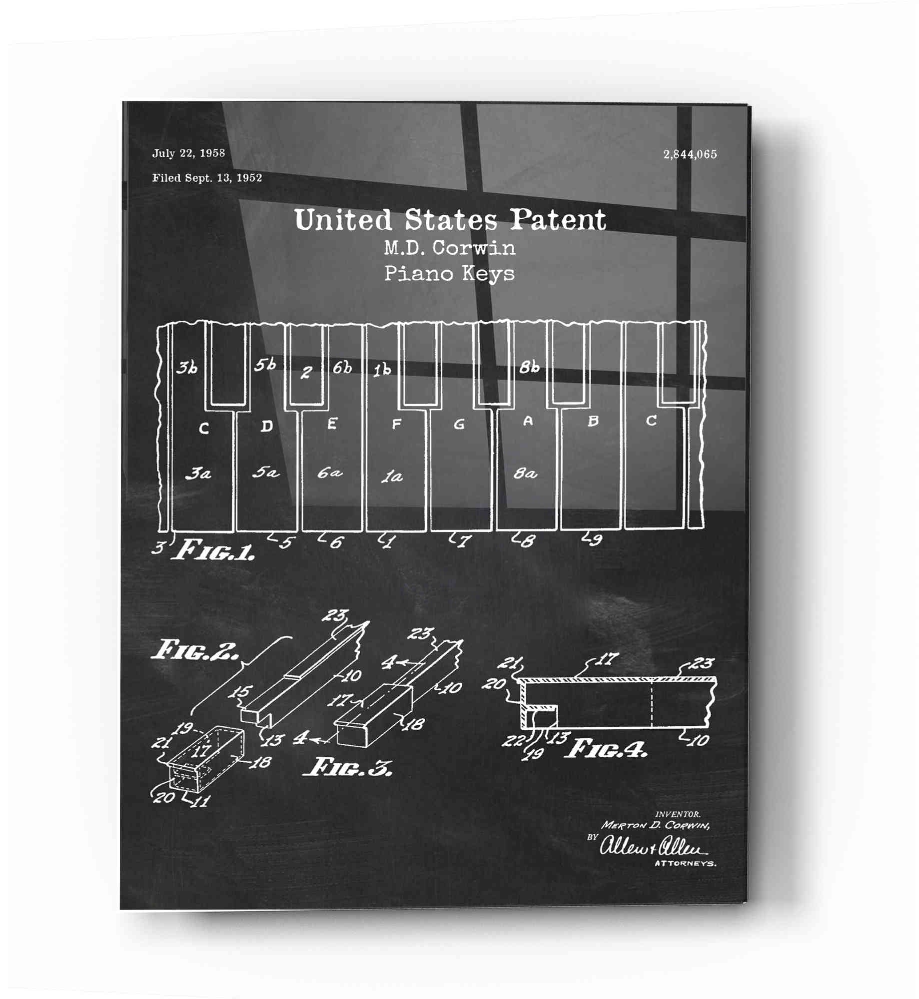 Epic Art 'Piano Keys Blueprint Patent Chalkboard' Acrylic Glass Wall Art,12x16