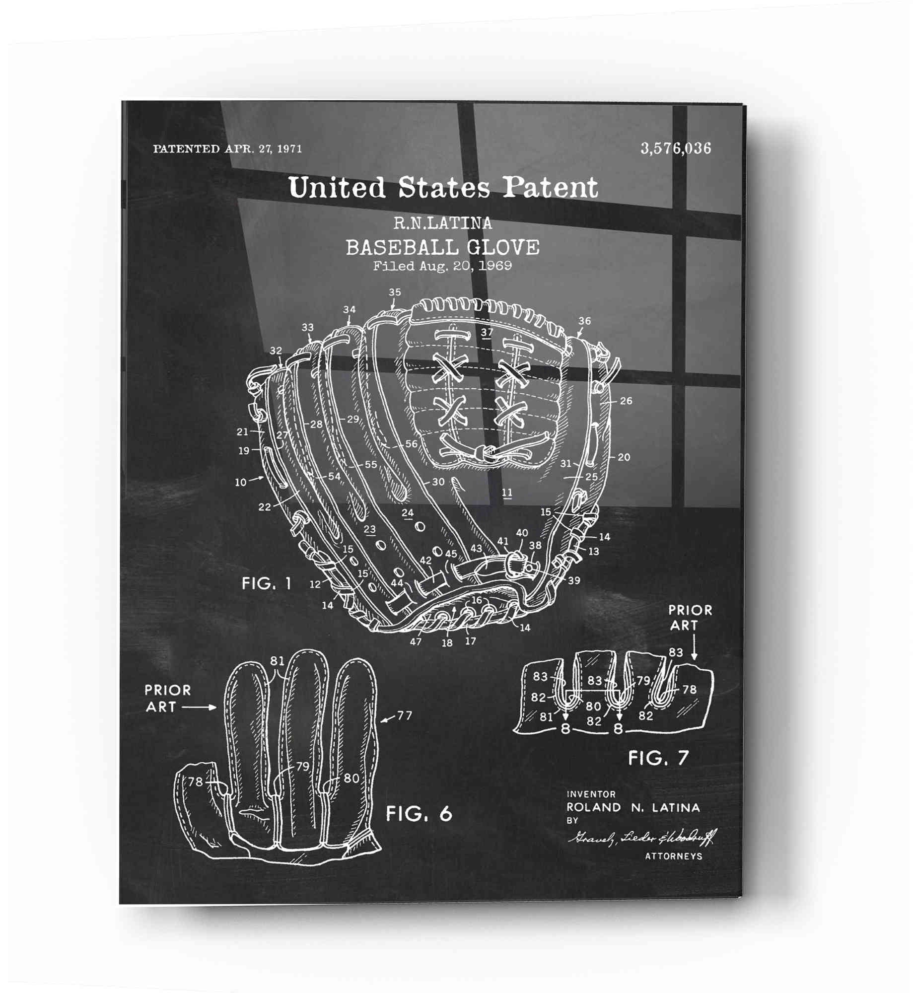 Epic Art 'Baseball Glove, 1971, Blueprint Patent Chalkboard' Acrylic Glass Wall Art,12x16