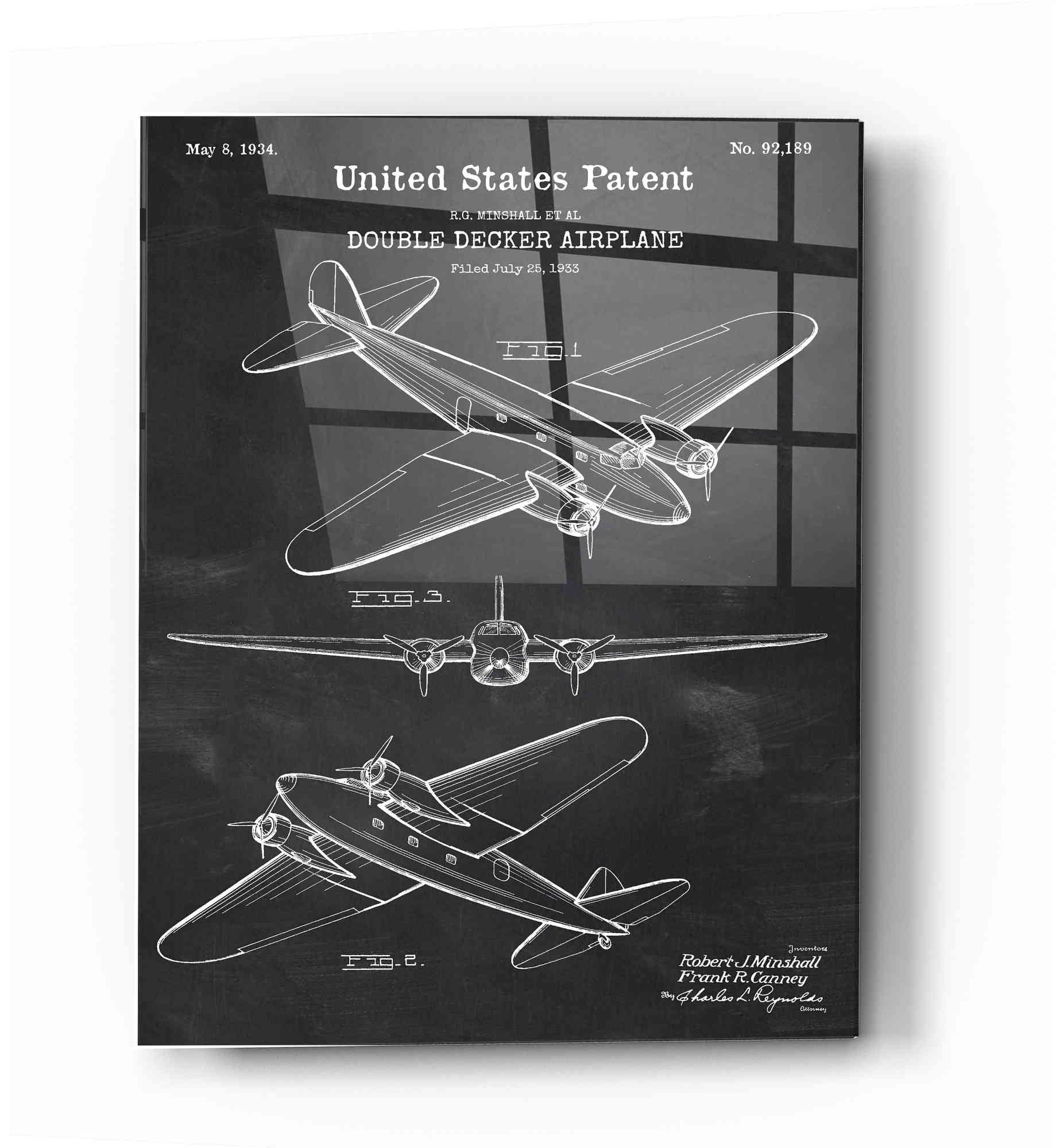 Epic Art 'Double Decker Airplane Blueprint Patent Chalkboard' Acrylic Glass Wall Art,12x16