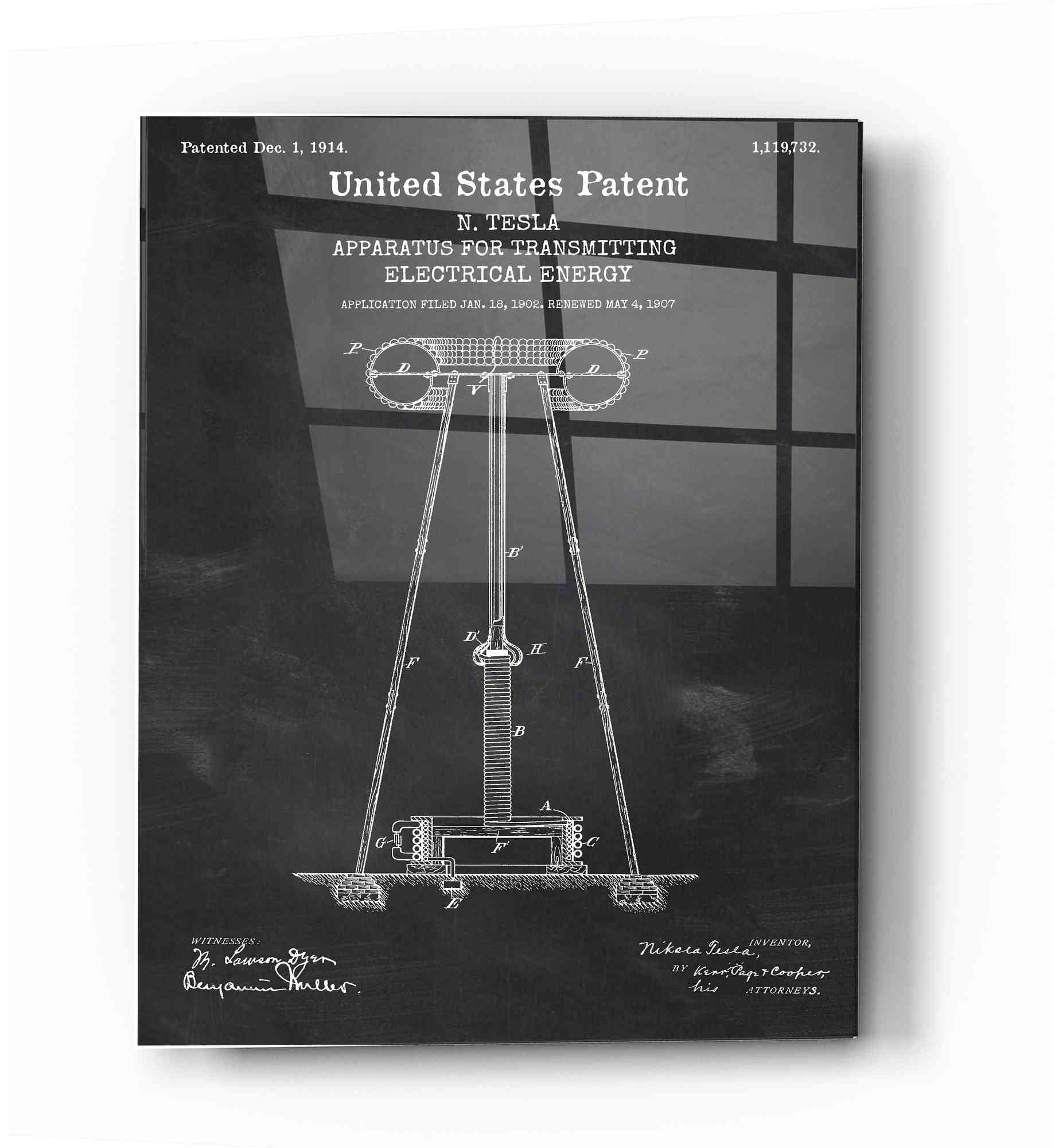 Epic Art 'Tesla Apparatus for Transmitting Electrical Energy Blueprint Patent Chalkboard' Acrylic Glass Wall Art,12x16