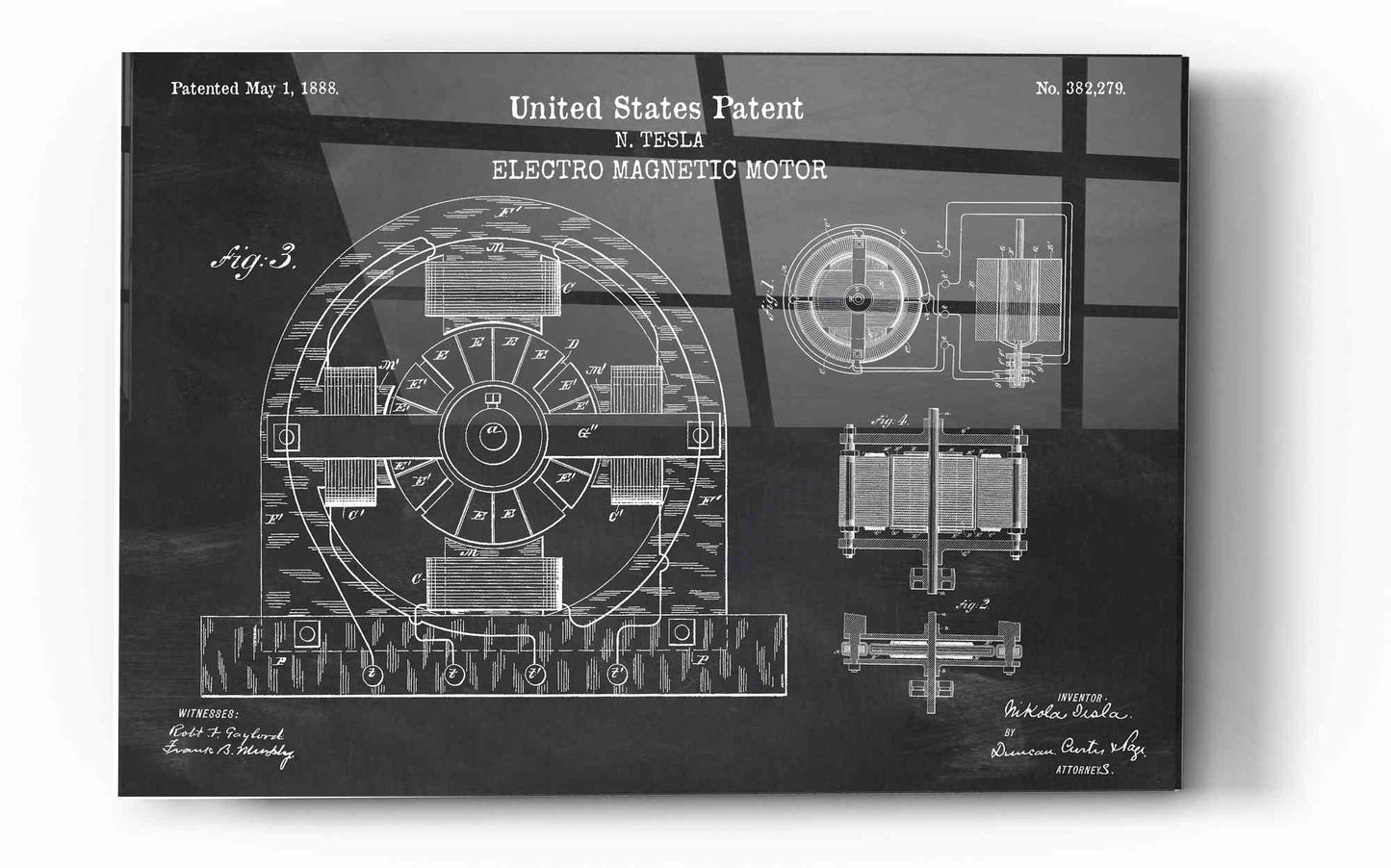 Epic Art 'Tesla Electro Magnetic Motor Blueprint Patent Chalkboard' Acrylic Glass Wall Art,12x16
