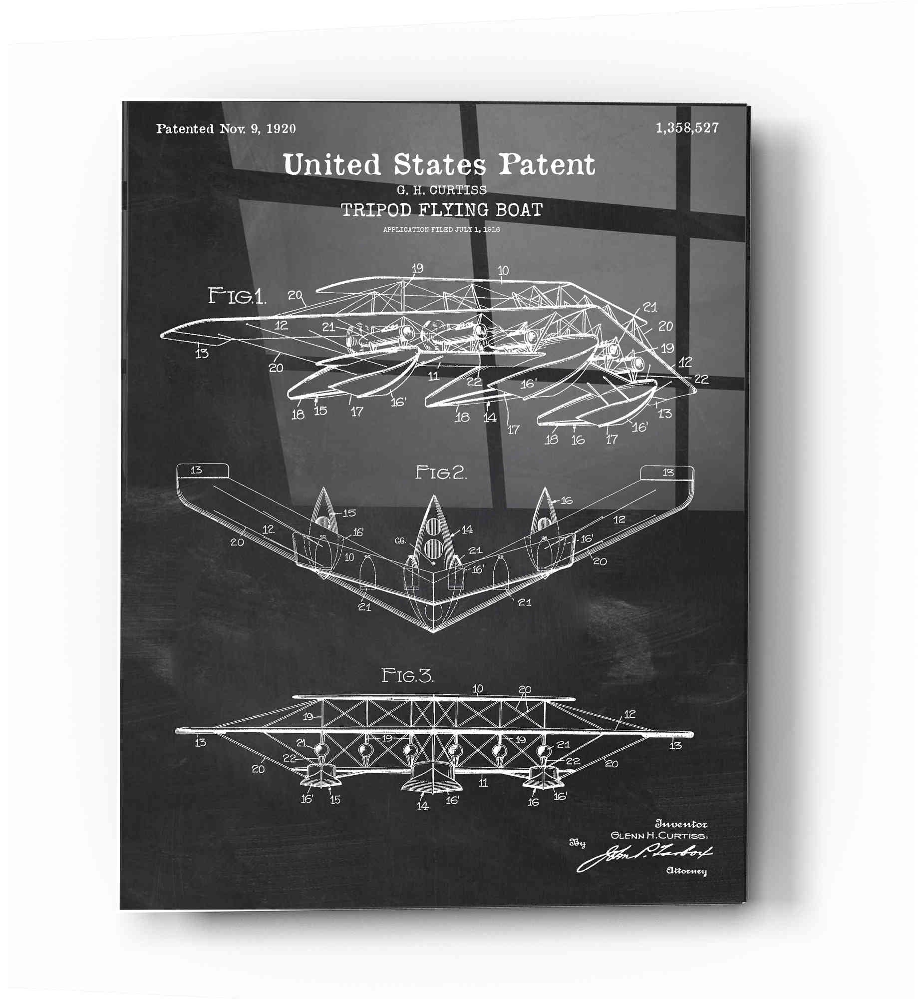 Epic Art 'Tripod Flying Boat Blueprint Patent Chalkboard' Acrylic Glass Wall Art,12x16