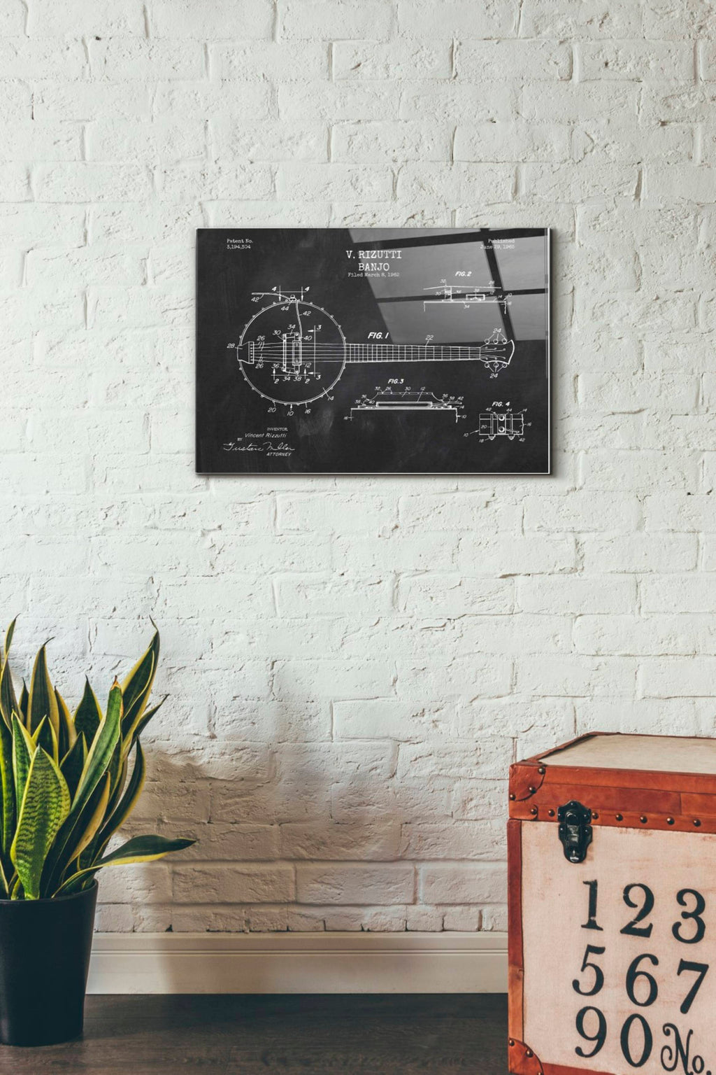Epic Art 'Banjo Blueprint Patent Chalkboard' Acrylic Glass Wall Art,16x24