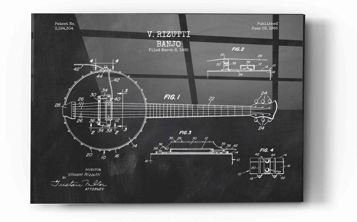 Epic Art 'Banjo Blueprint Patent Chalkboard' Acrylic Glass Wall Art,16x24