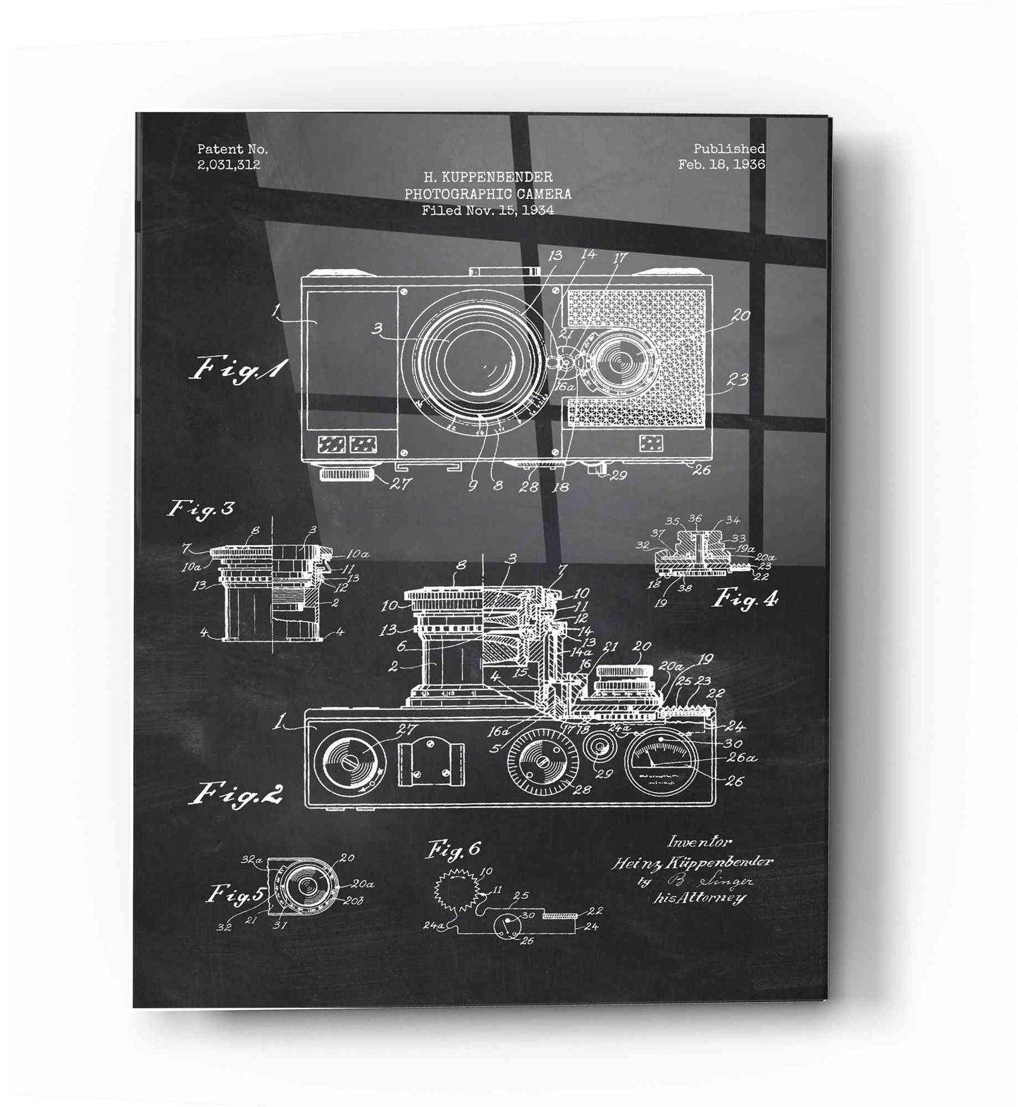 Epic Art 'Camera, 1936 Blueprint Patent Chalkboard' Acrylic Glass Wall Art,16x24