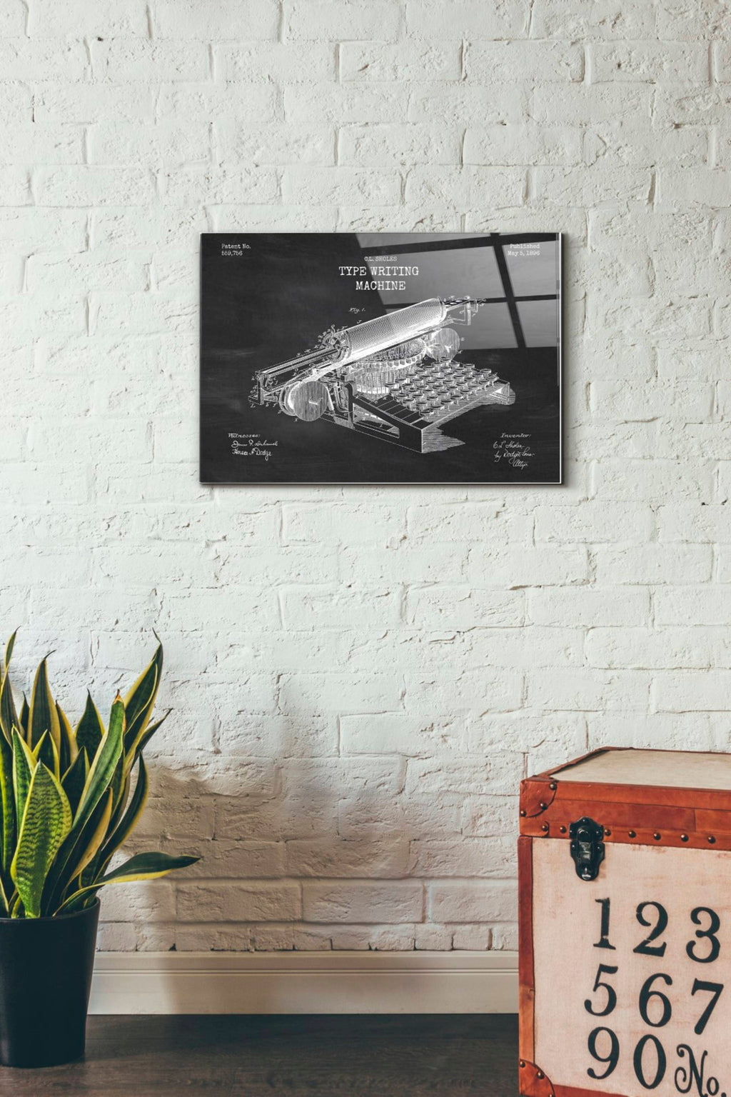 Epic Art 'Type Writing Machine Blueprint Patent Chalkboard' Acrylic Glass Wall Art,16x24