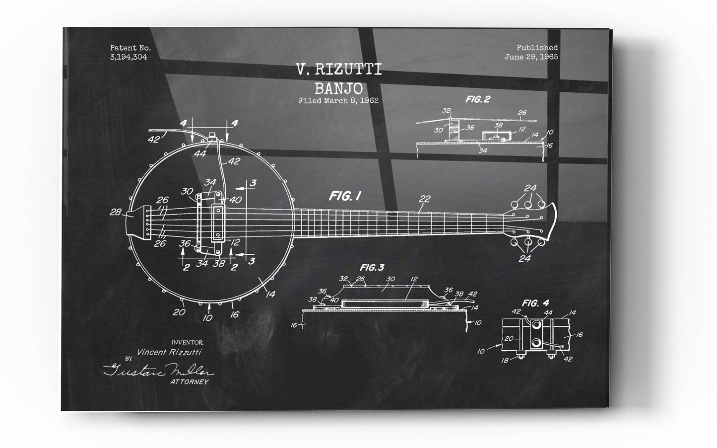 Epic Art 'Banjo Blueprint Patent Chalkboard' Acrylic Glass Wall Art,24x36