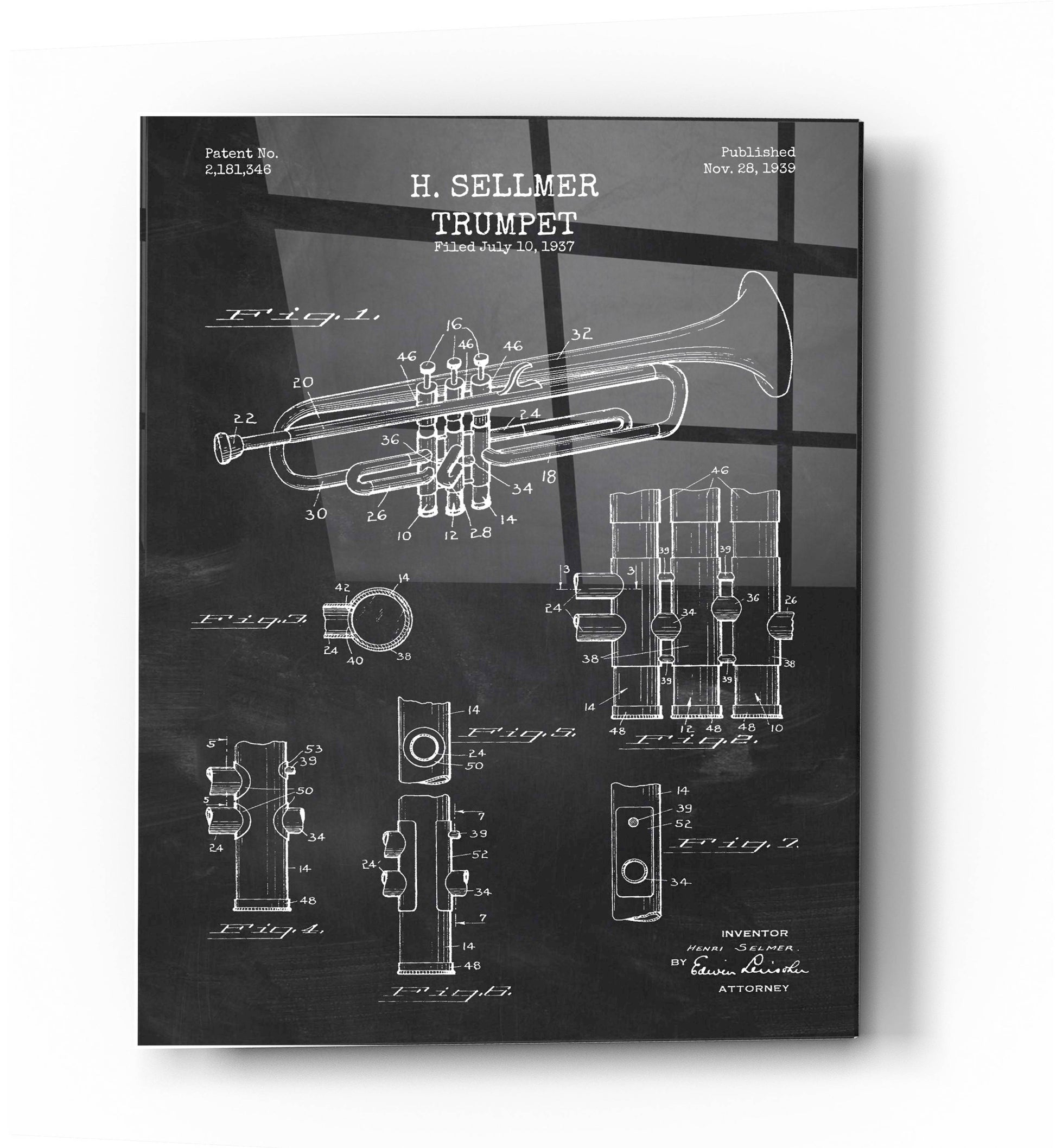 Epic Art 'Trumpet Blueprint Patent Chalkboard' Acrylic Glass Wall Art,24x36