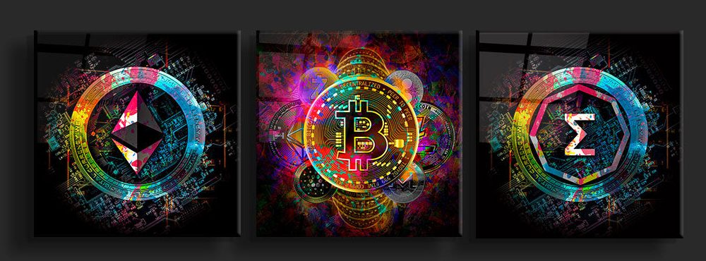 Three crypto coin artworks in acrylic glass on a dark wall