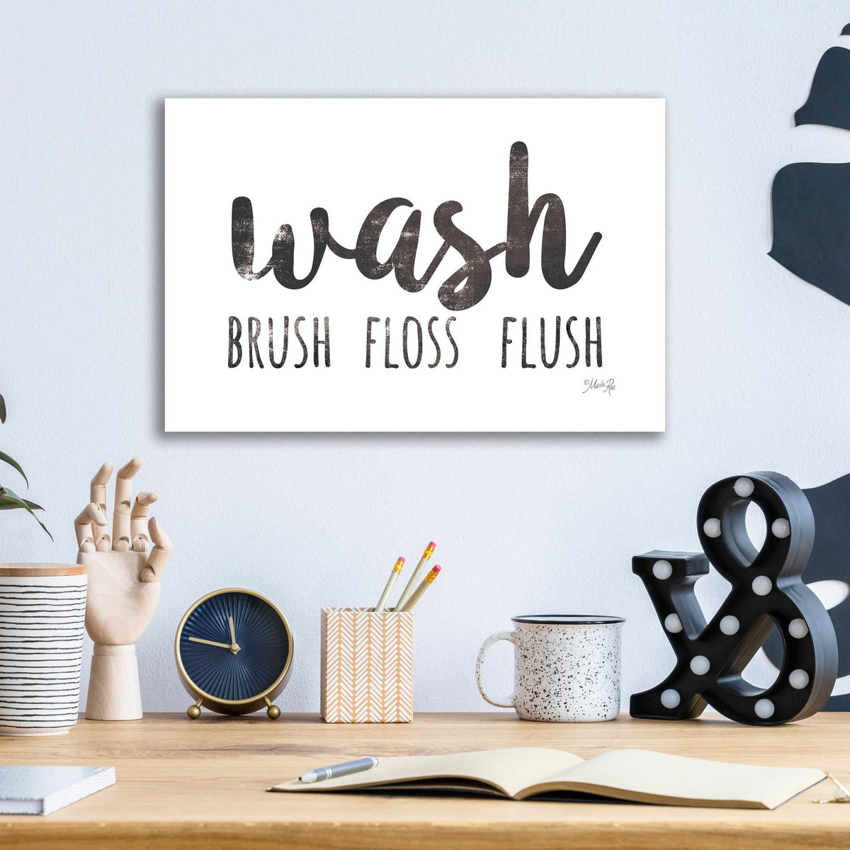 Epic Art 'Wash - Brush - Floss - Flush Sign' by Marla Rae, Acrylic Glass Wall Art,16x12