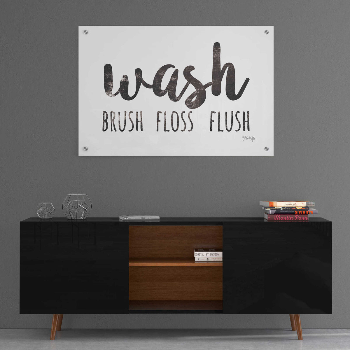 Epic Art 'Wash - Brush - Floss - Flush Sign' by Marla Rae, Acrylic Glass Wall Art,36x24