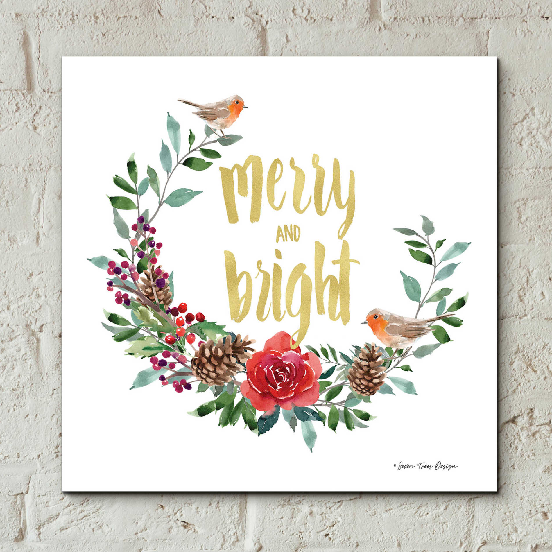 Epic Art 'Merry and Bright Robin Wreath' by Seven Trees Design, Acrylic Glass Wall Art,12x12