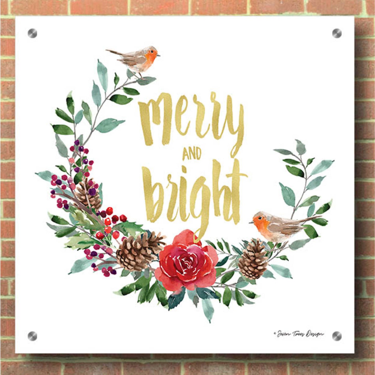 Epic Art 'Merry and Bright Robin Wreath' by Seven Trees Design, Acrylic Glass Wall Art,36x36