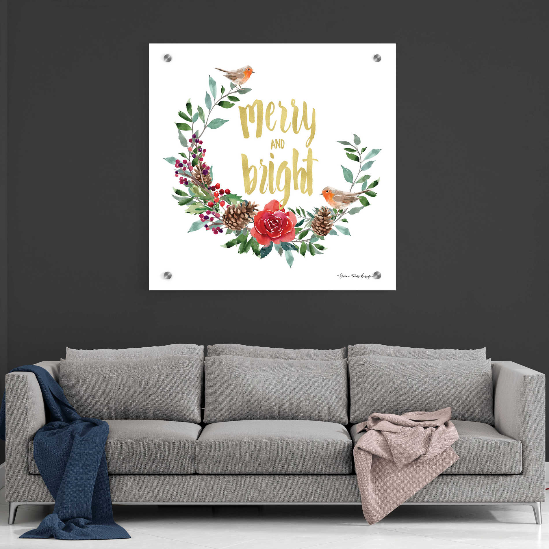 Epic Art 'Merry and Bright Robin Wreath' by Seven Trees Design, Acrylic Glass Wall Art,36x36