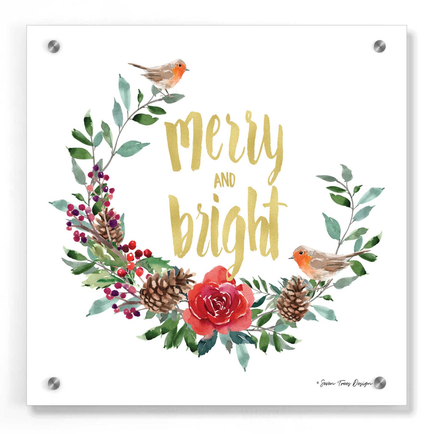 Epic Art 'Merry and Bright Robin Wreath' by Seven Trees Design, Acrylic Glass Wall Art,36x36