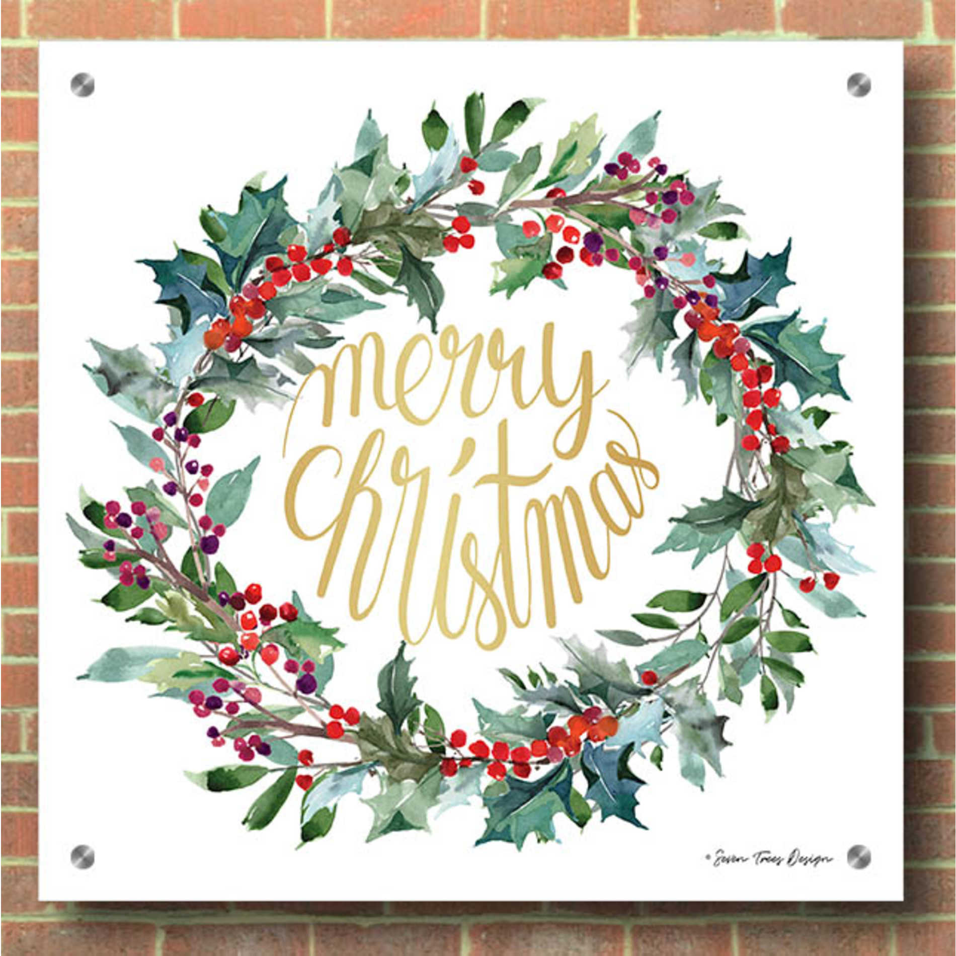 Epic Art 'Merry Christmas Holly Wreath' by Seven Trees Design, Acrylic Glass Wall Art,36x36