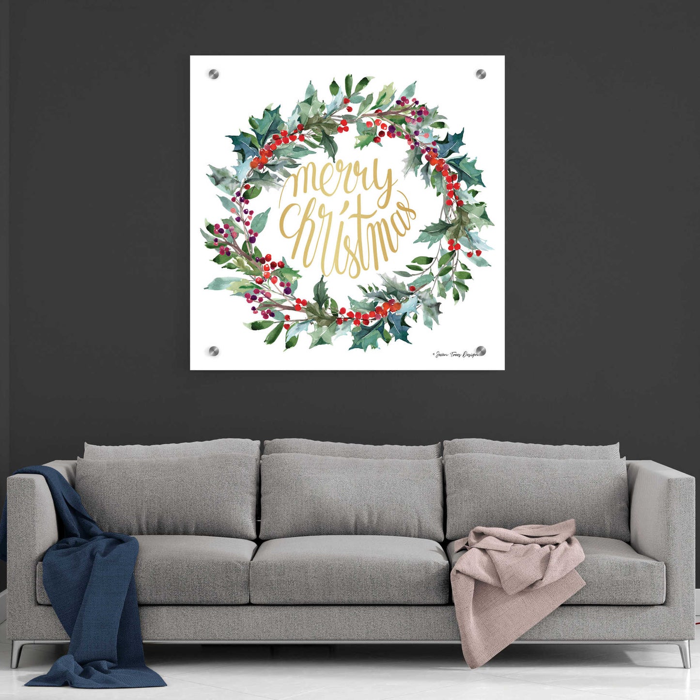 Epic Art 'Merry Christmas Holly Wreath' by Seven Trees Design, Acrylic Glass Wall Art,36x36