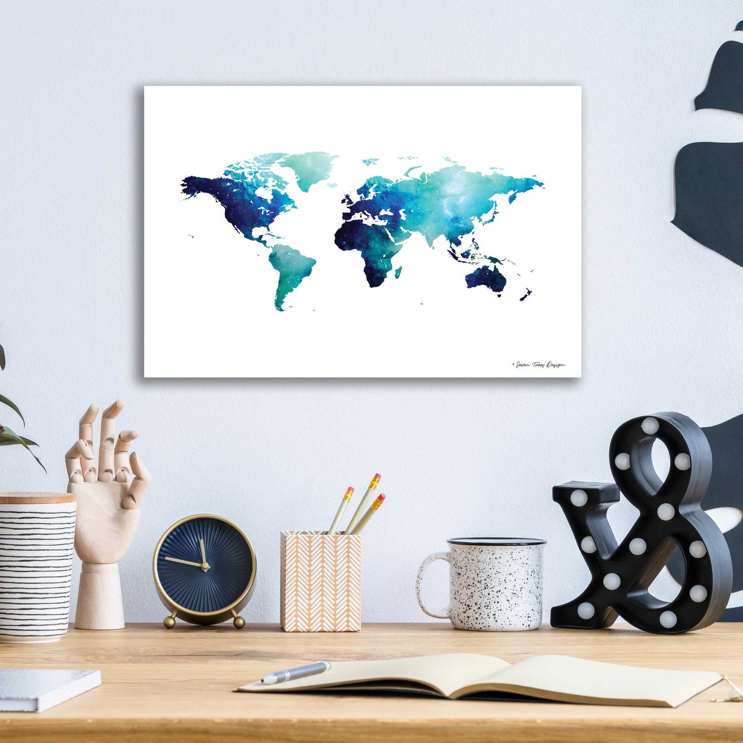 Epic Art 'Blue Space World Map' by Seven Trees Design, Acrylic Glass Wall Art,16x12