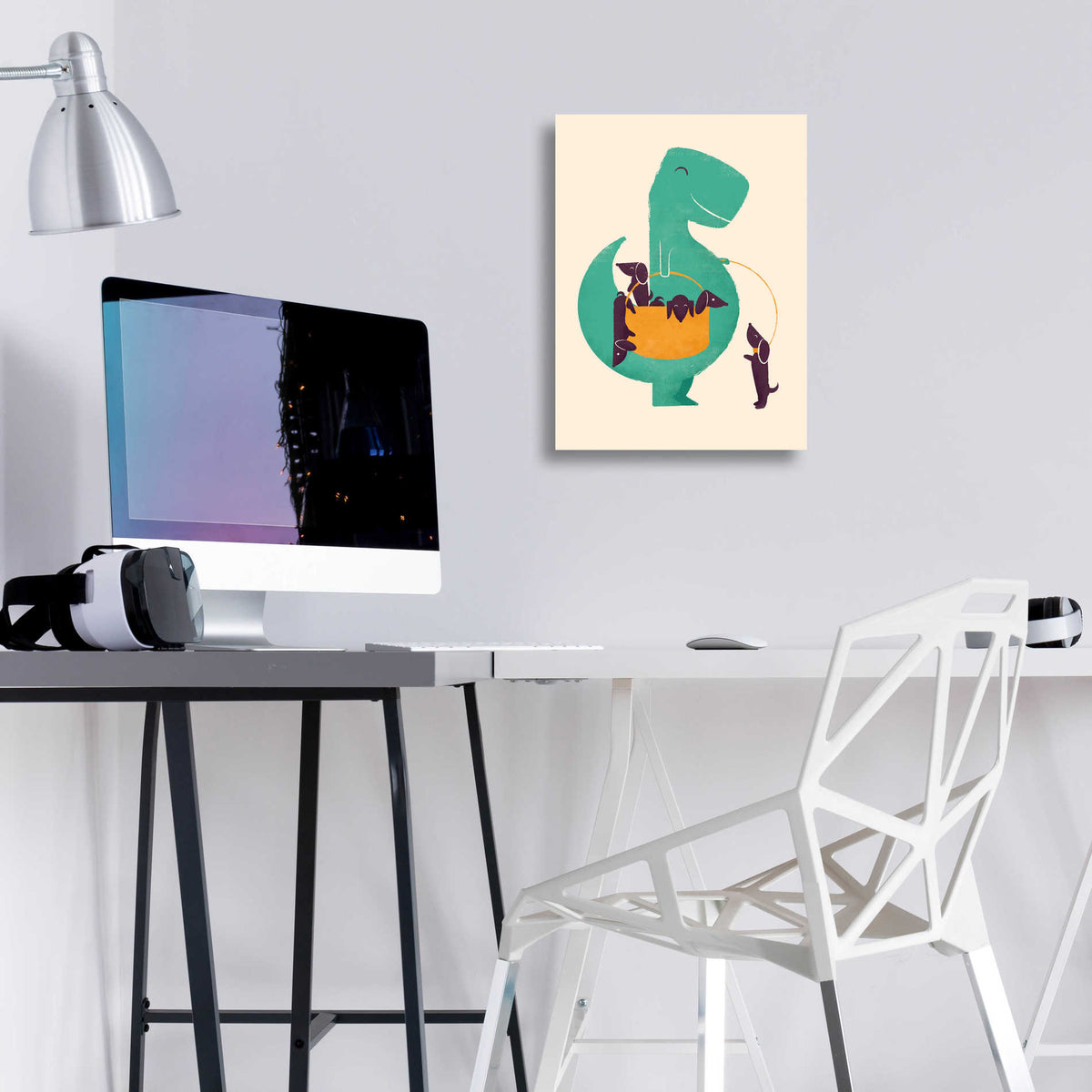 Epic Art 'T-Rex and the Basketful of Wiener Dogs' by Jay Fleck, Acrylic Glass Wall Art,12x16