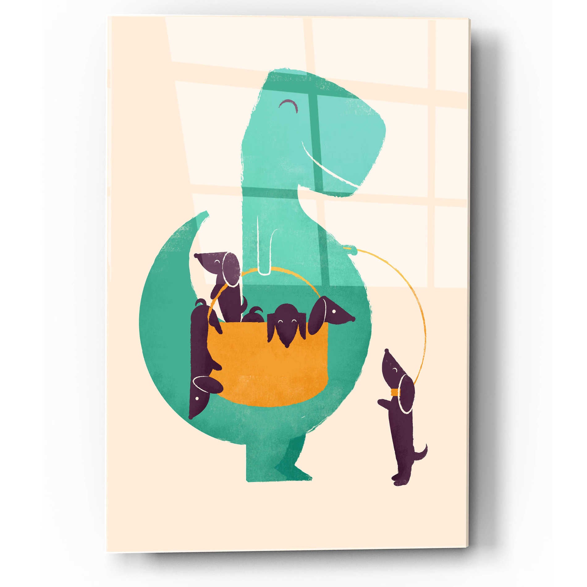 Epic Art 'T-Rex and the Basketful of Wiener Dogs' by Jay Fleck, Acrylic Glass Wall Art,12x16