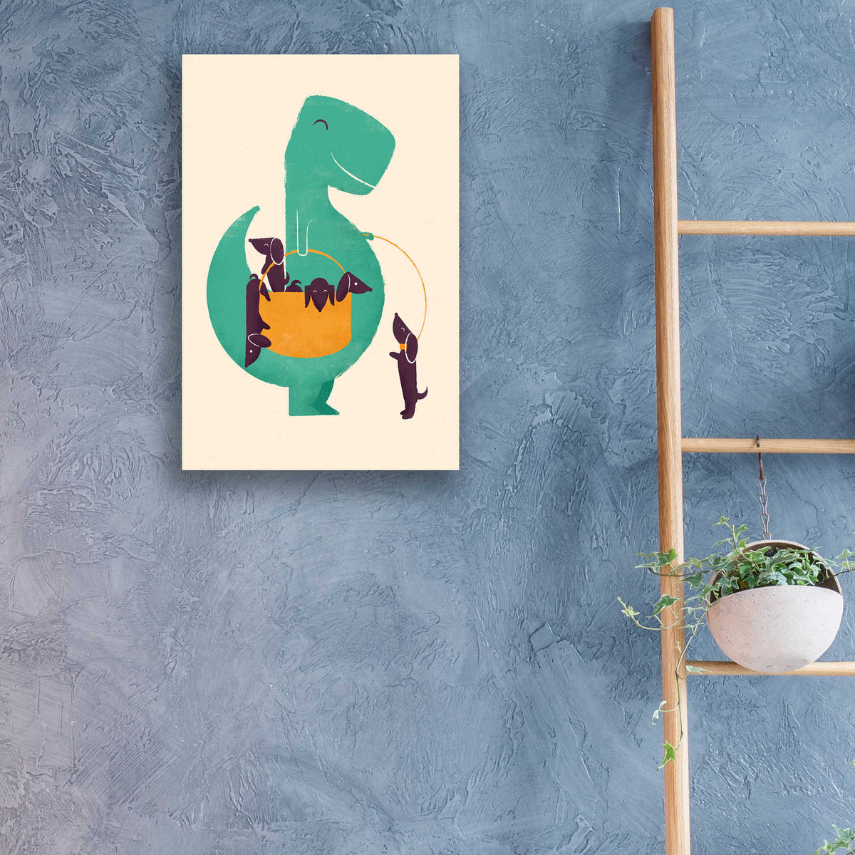 Epic Art 'T-Rex and the Basketful of Wiener Dogs' by Jay Fleck, Acrylic Glass Wall Art,16x24