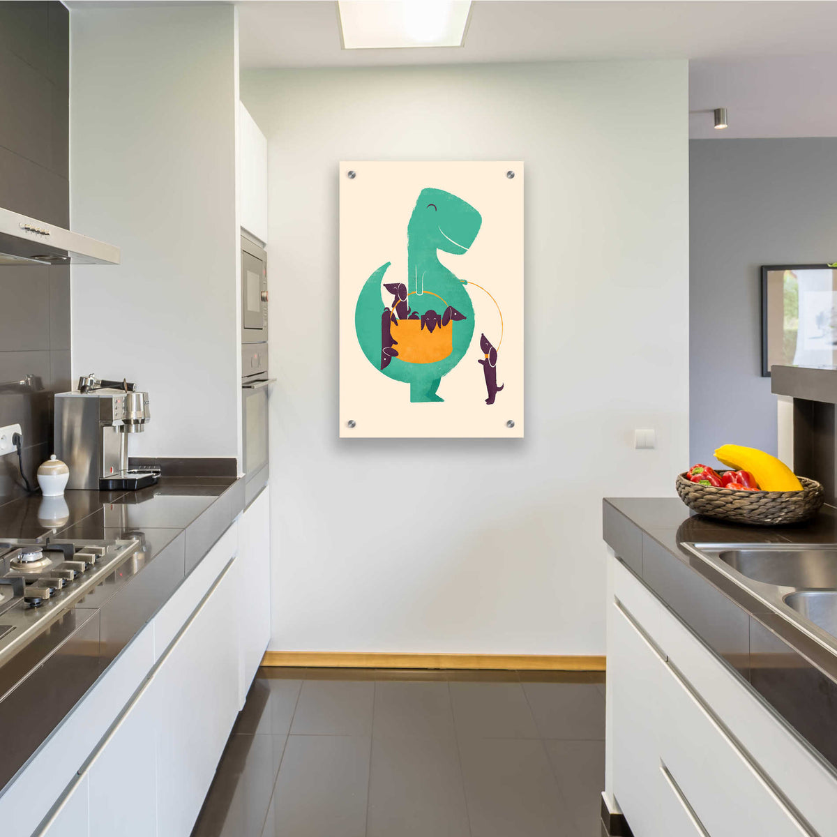 Epic Art 'T-Rex and the Basketful of Wiener Dogs' by Jay Fleck, Acrylic Glass Wall Art,24x36