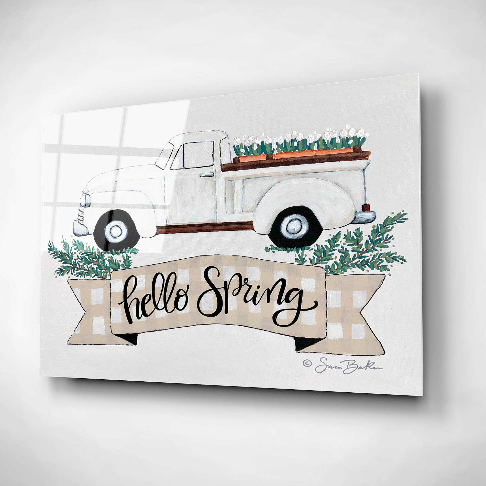 Epic Art 'Hello Spring Tulip Truck' by Sara Baker, Acrylic Glass Wall Art,16x12