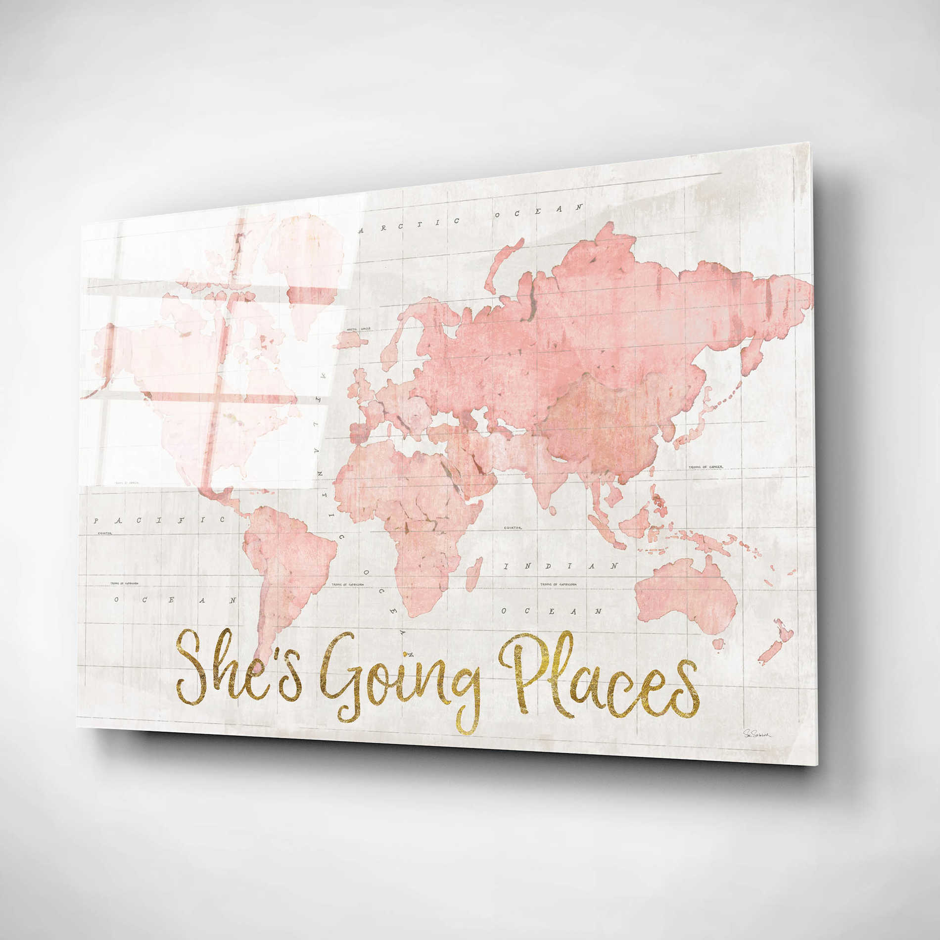 Epic Art 'Across the World Shes Going Places Pink' by Sue Schlabach, Acrylic Glass Wall Art,16x12