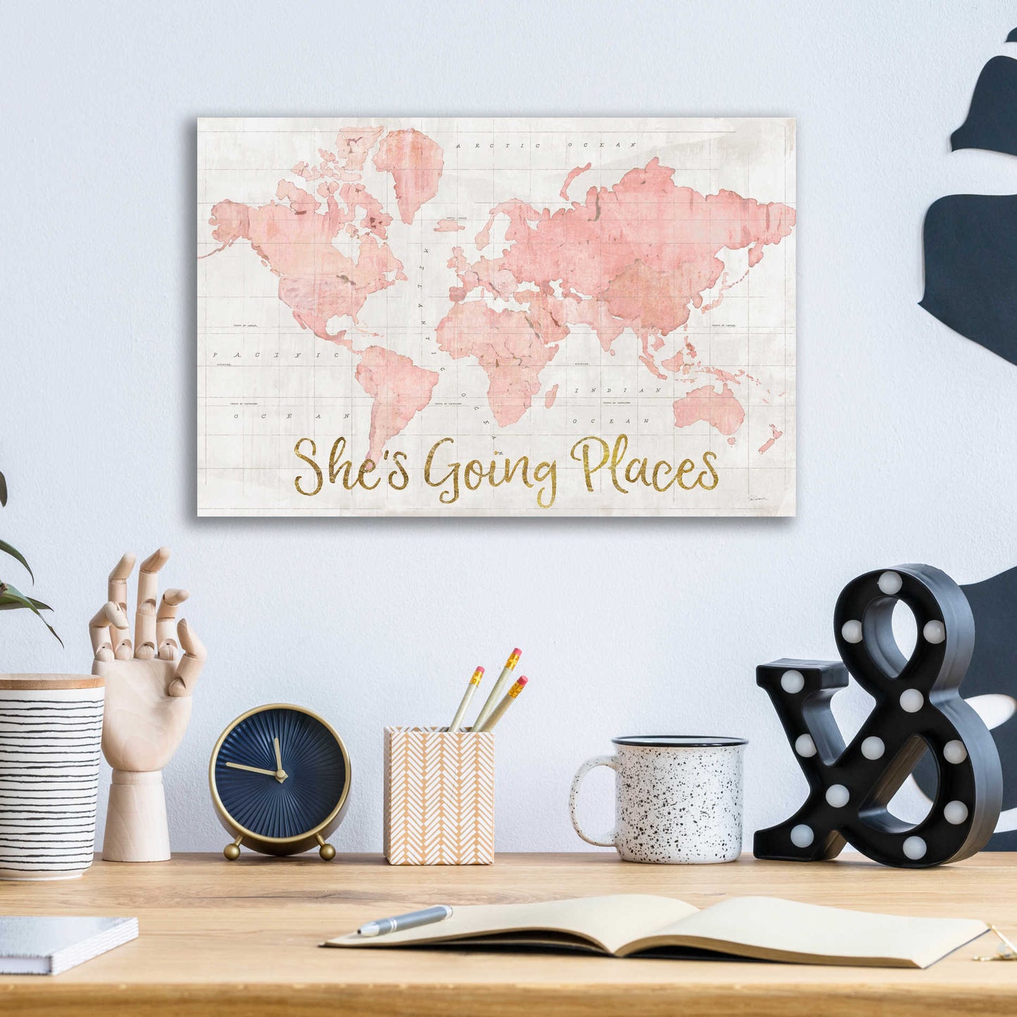 Epic Art 'Across the World Shes Going Places Pink' by Sue Schlabach, Acrylic Glass Wall Art,16x12