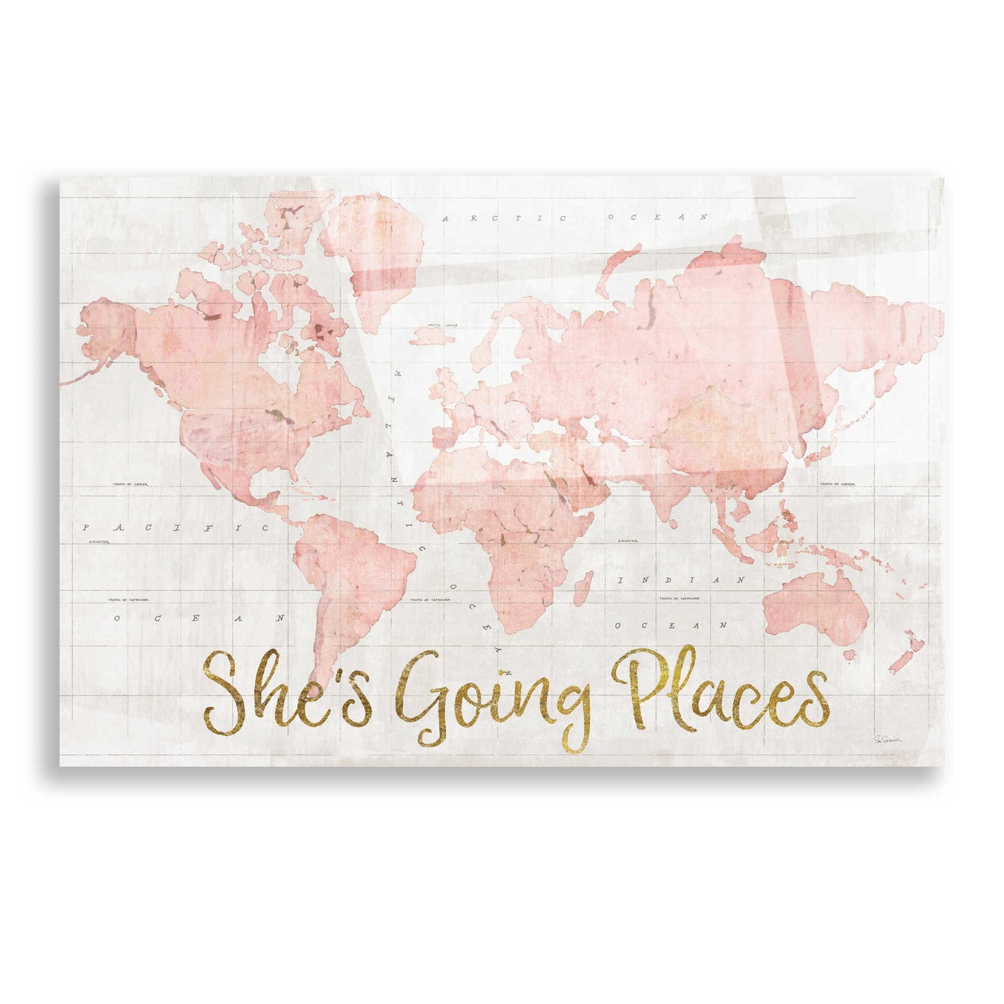 Epic Art 'Across the World Shes Going Places Pink' by Sue Schlabach, Acrylic Glass Wall Art,16x12