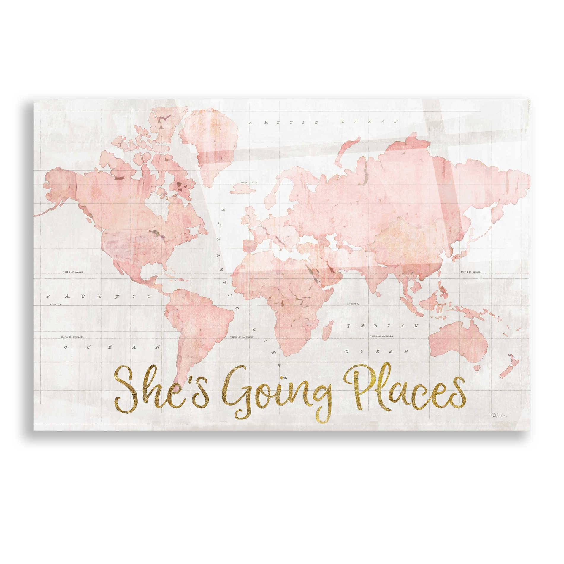 Epic Art 'Across the World Shes Going Places Pink' by Sue Schlabach, Acrylic Glass Wall Art,16x12