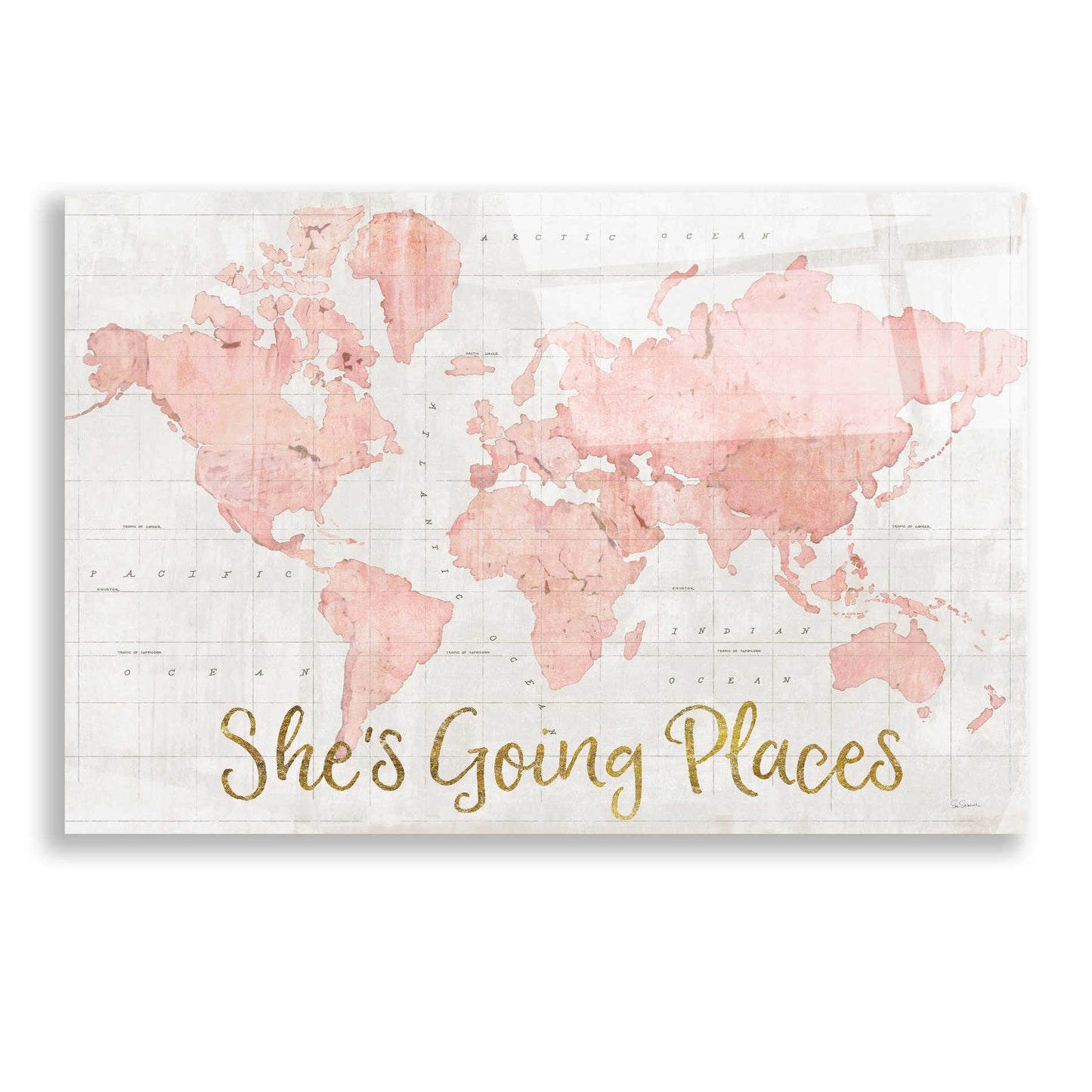 Epic Art 'Across the World Shes Going Places Pink' by Sue Schlabach, Acrylic Glass Wall Art,24x16