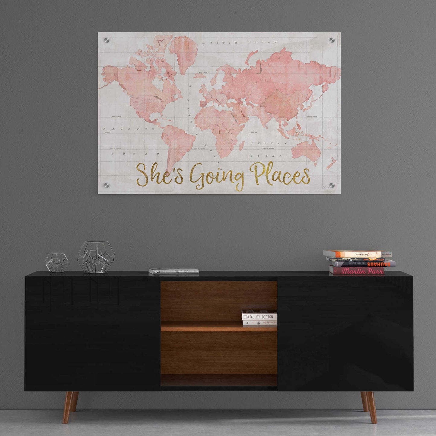 Epic Art 'Across the World Shes Going Places Pink' by Sue Schlabach, Acrylic Glass Wall Art,36x24