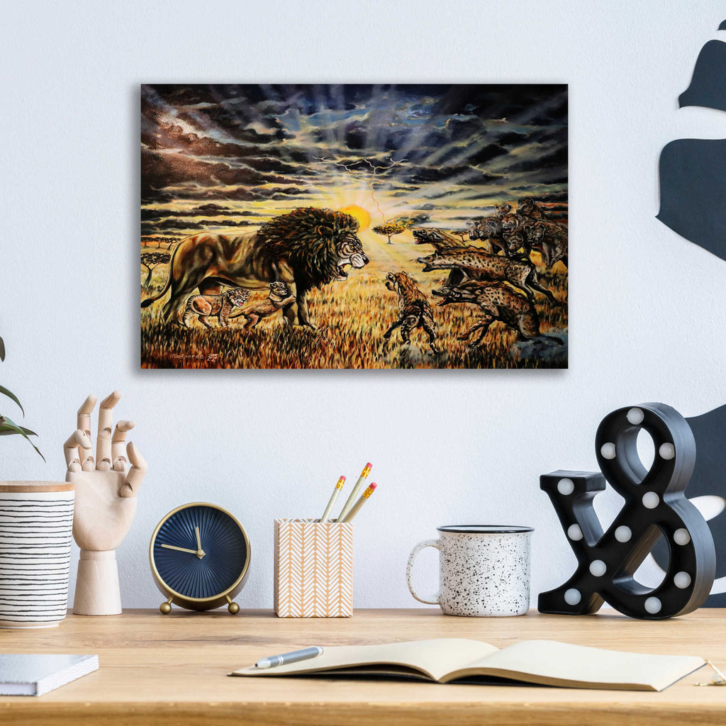Epic Art 'Lion Hyenas' by Jan Kasparec, Acrylic Glass Wall Art,16x12