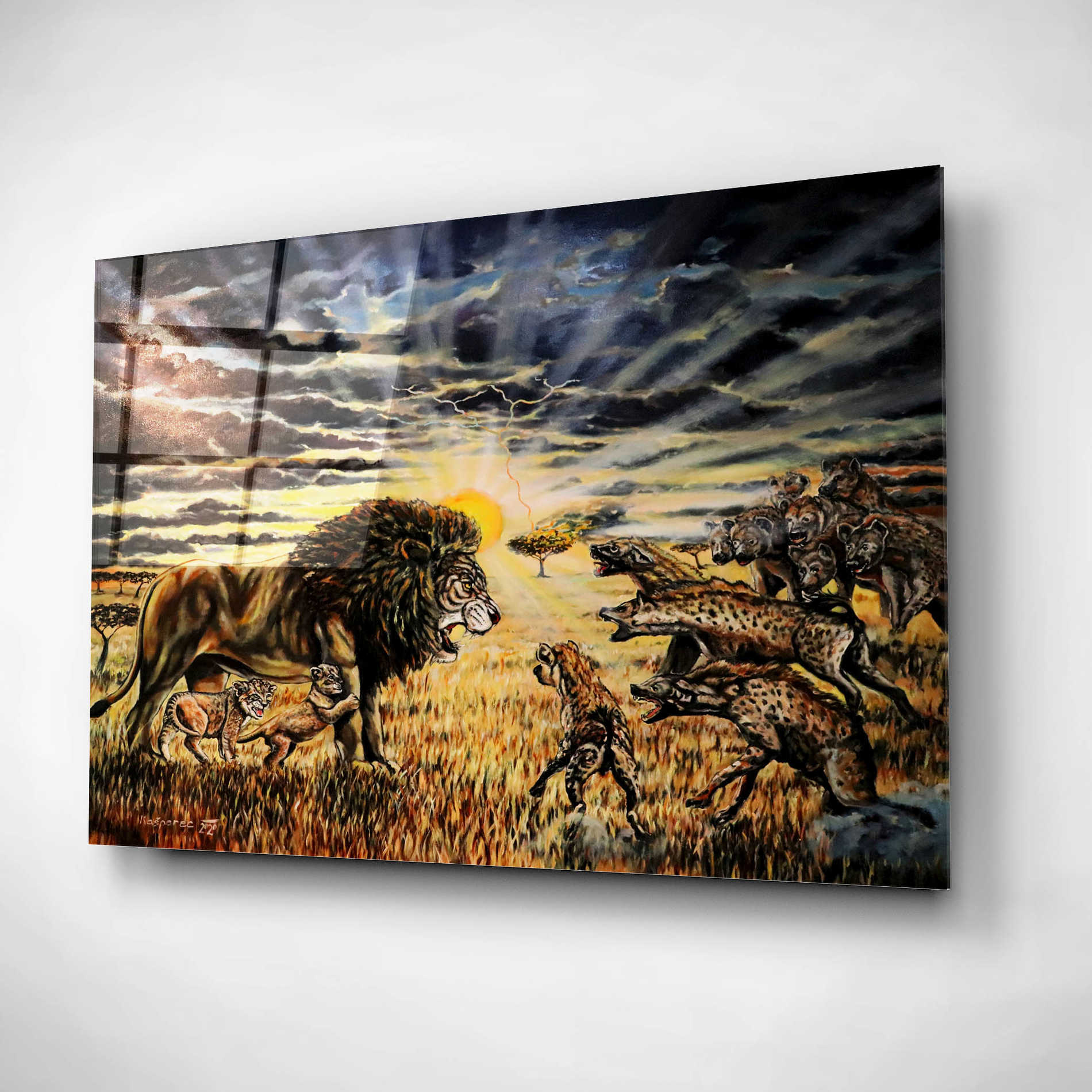 Epic Art 'Lion Hyenas' by Jan Kasparec, Acrylic Glass Wall Art,24x16